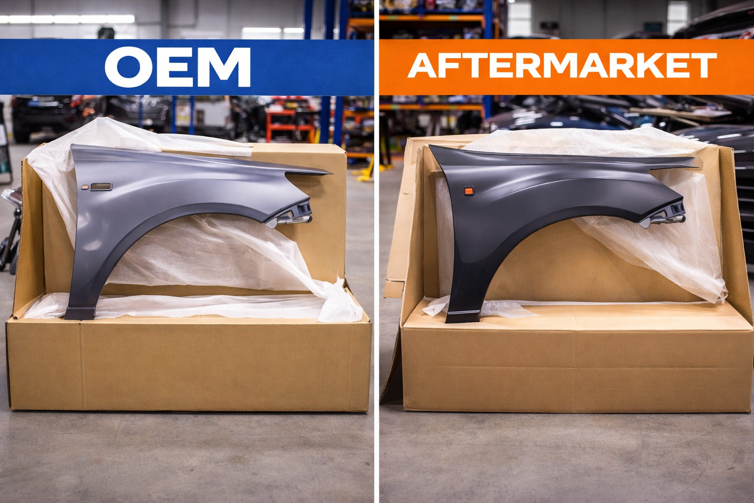 : Side-by-side comparison showing OEM vs aftermarket part packaging or fitment