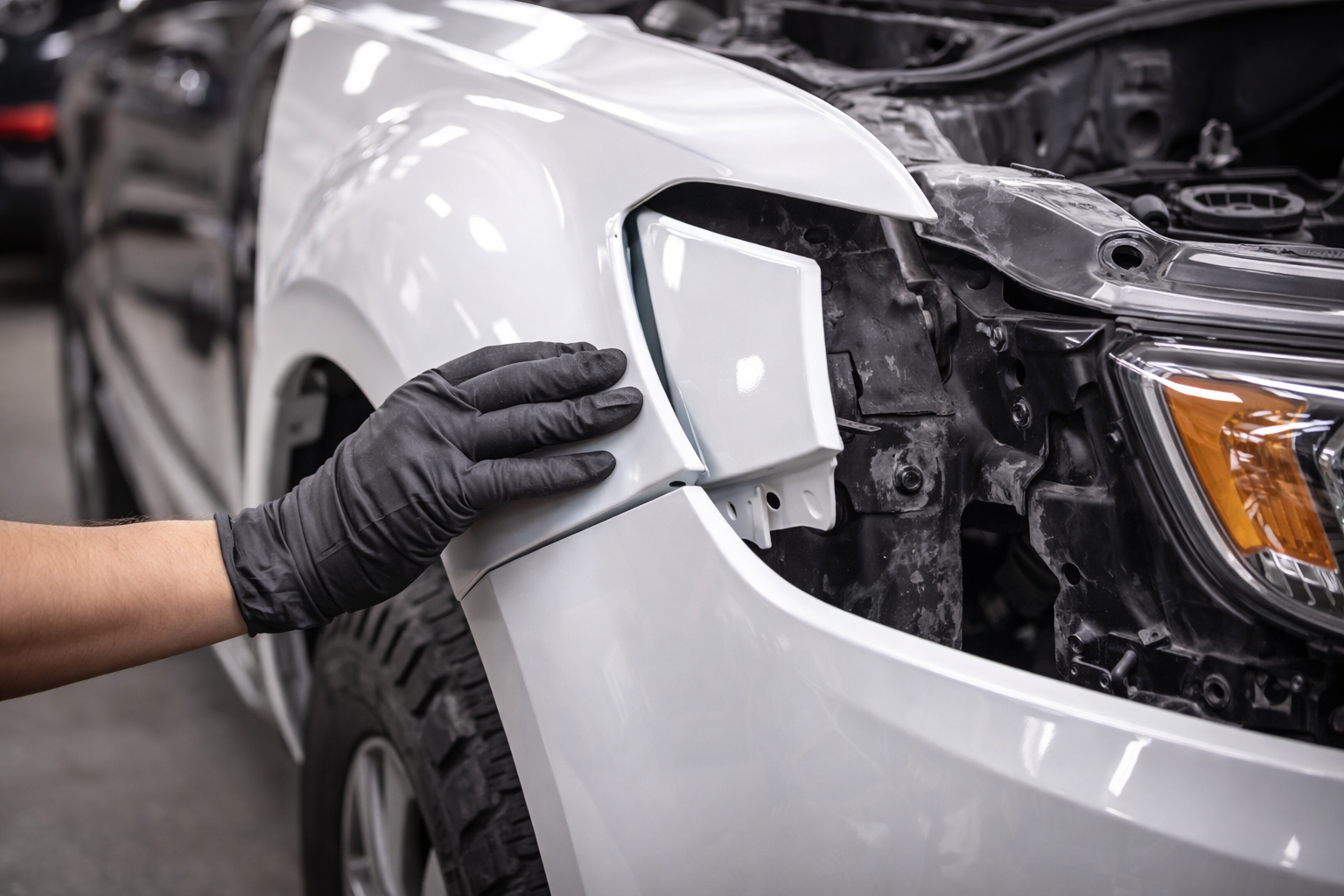 Close-up of a panel being fitted or colour-matched during a repair