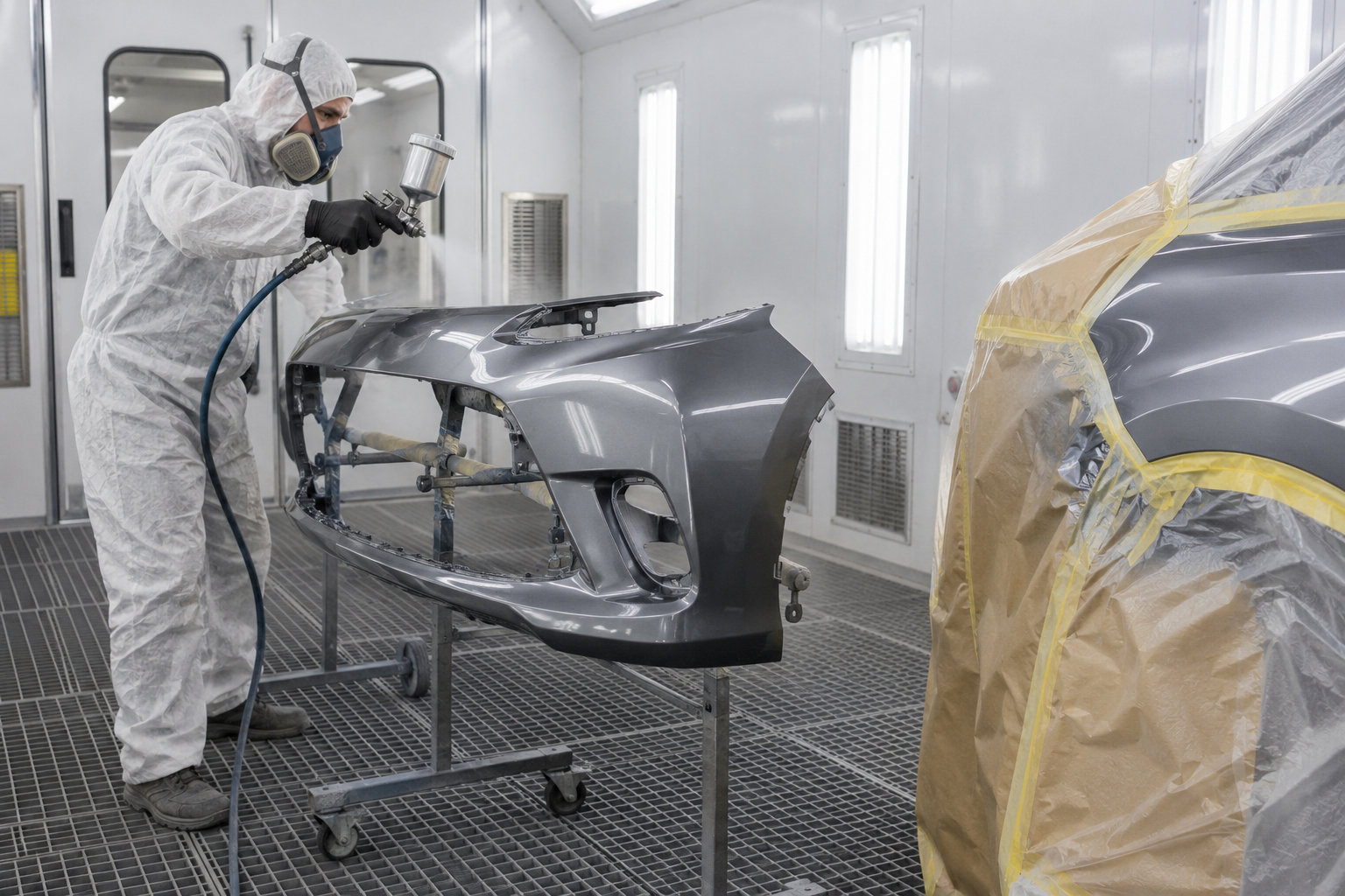 Spray painter coating a bumper cover beside a masked vehicle panel inside a professional paint booth
