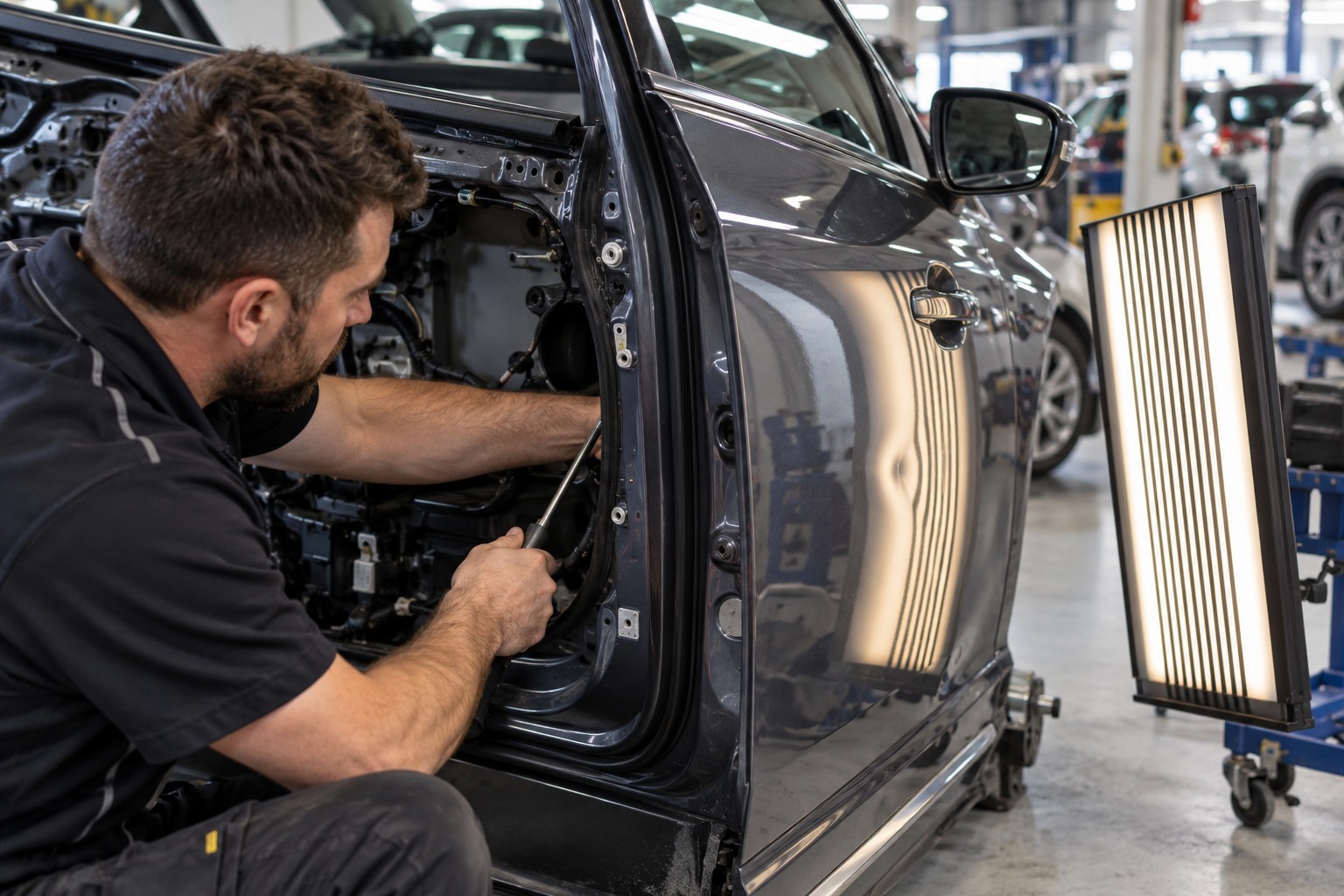 A technician uses a reflection board while repairing a small dent