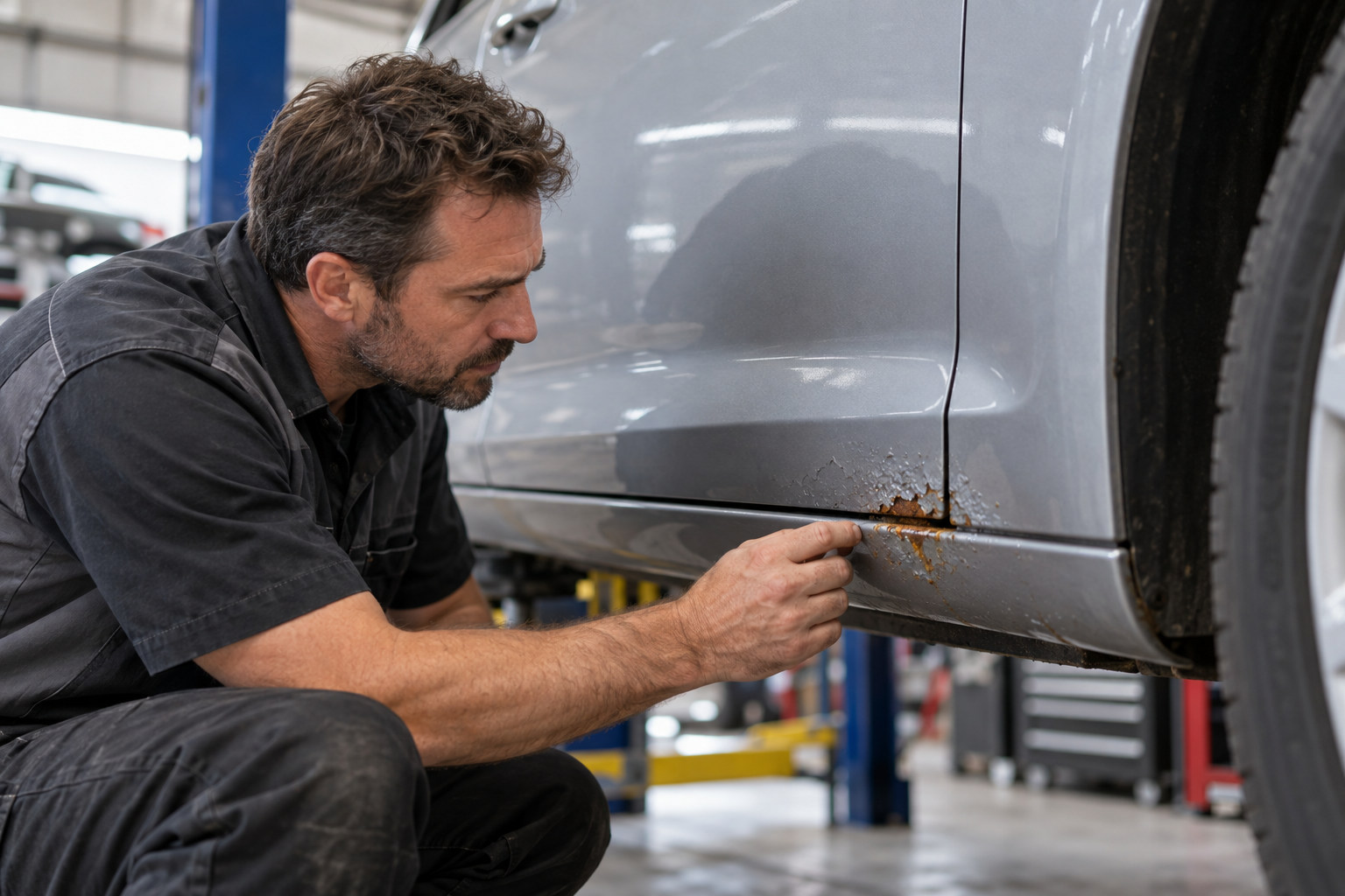 Panel beater examining a small rust patch on a car door edge
