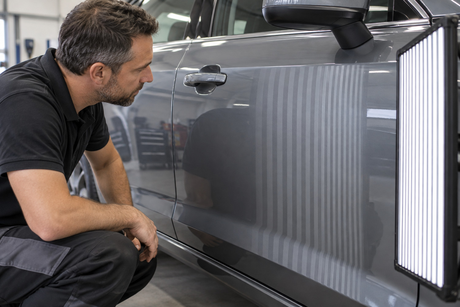 Technician checking straight reflected lines on a repaired grey car door