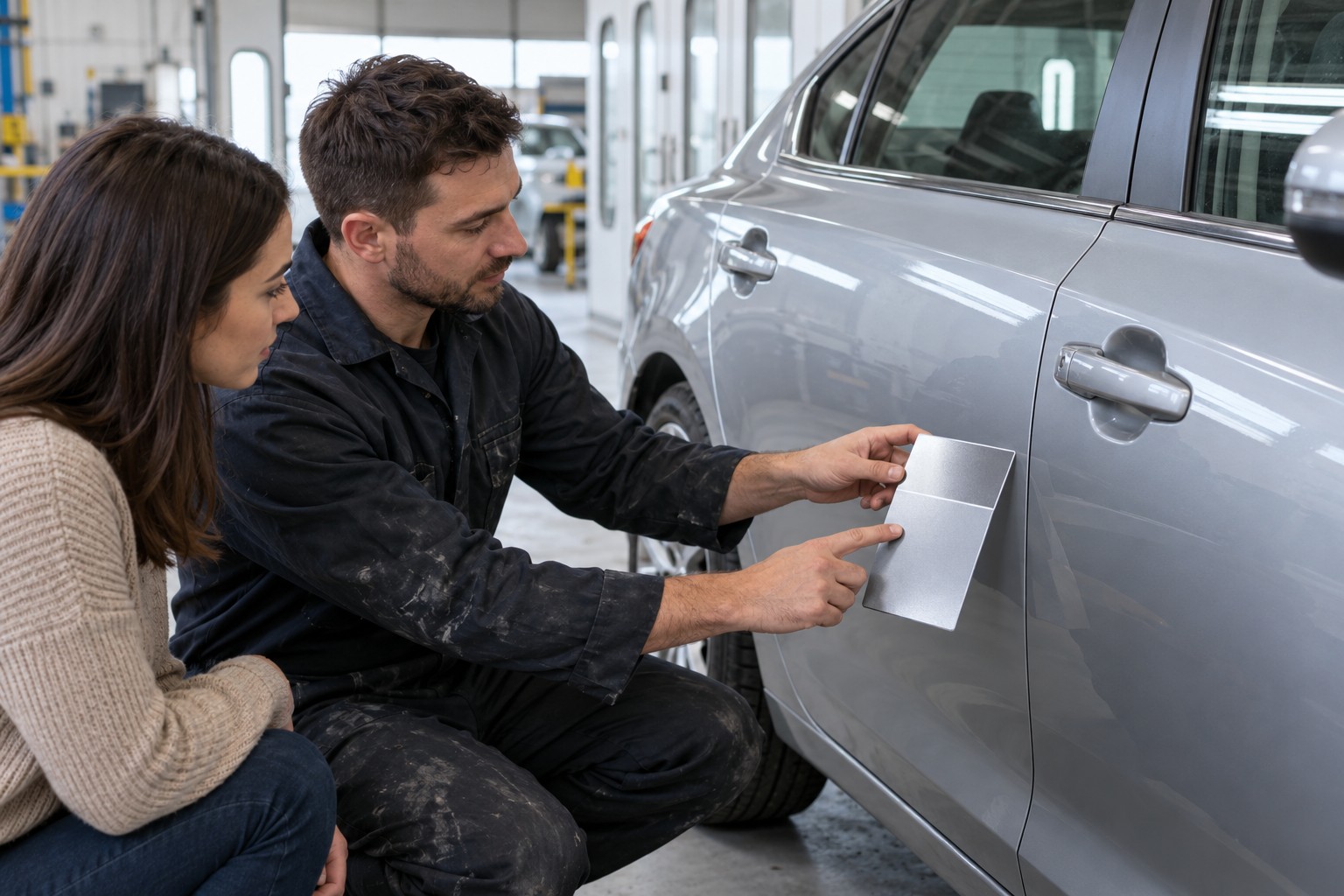 A painter explains the planned blend panels to a car owner
