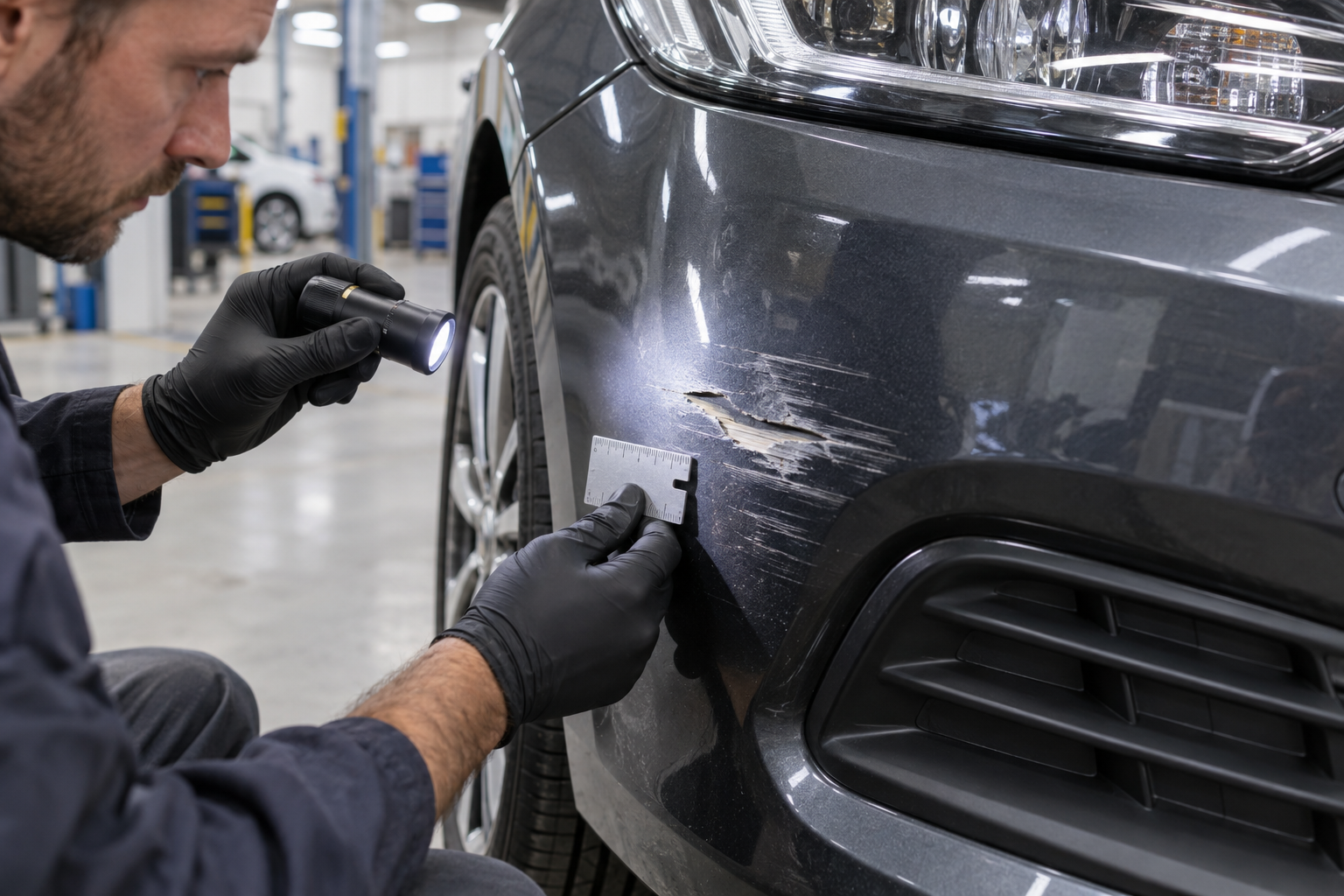 Technician inspecting a deep bumper scuff that has cut through the paint to the primer