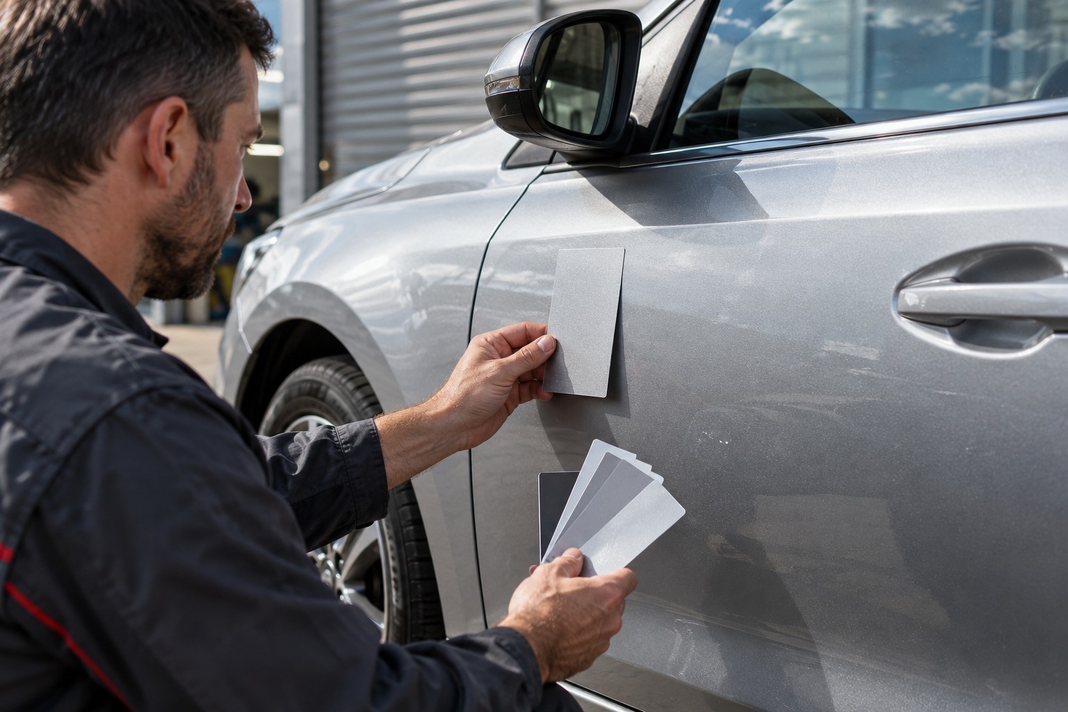 A painter compares a spray-out colour card with the car in daylight