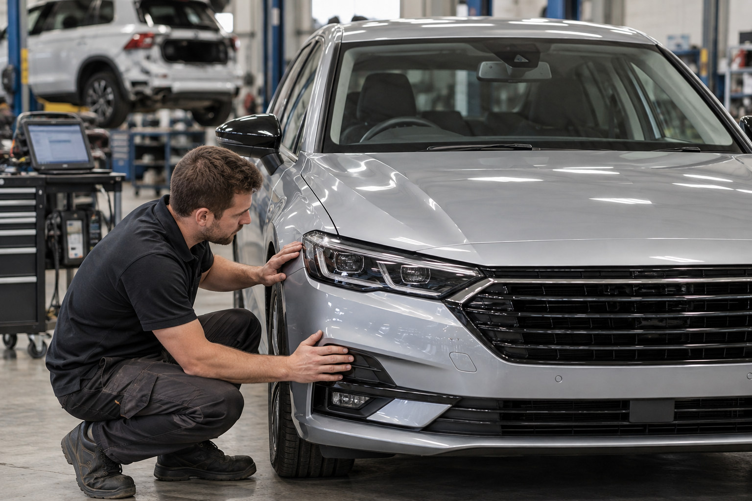 Repair technician checking the front bumper of a contemporary car
