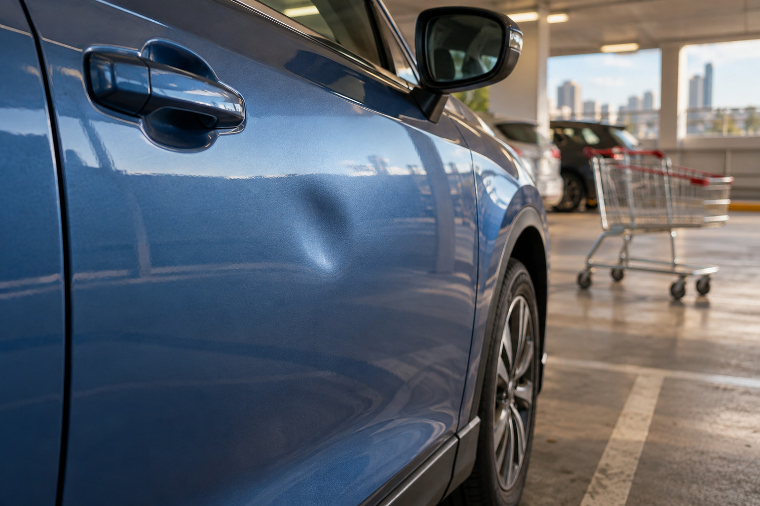 Shallow dent in the intact paint of a blue car door in a car park