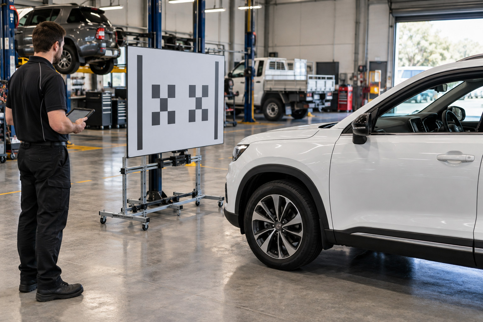 Stationary vehicle positioned near a calibration target in a workshop