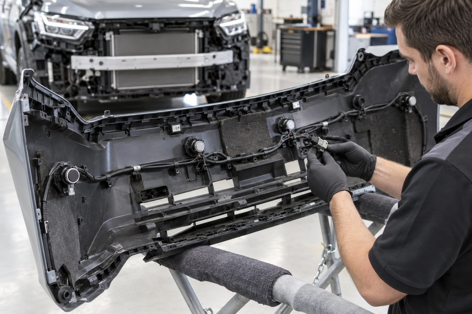 Technician inspecting parking sensor wiring on the back of a removed front bumper cover