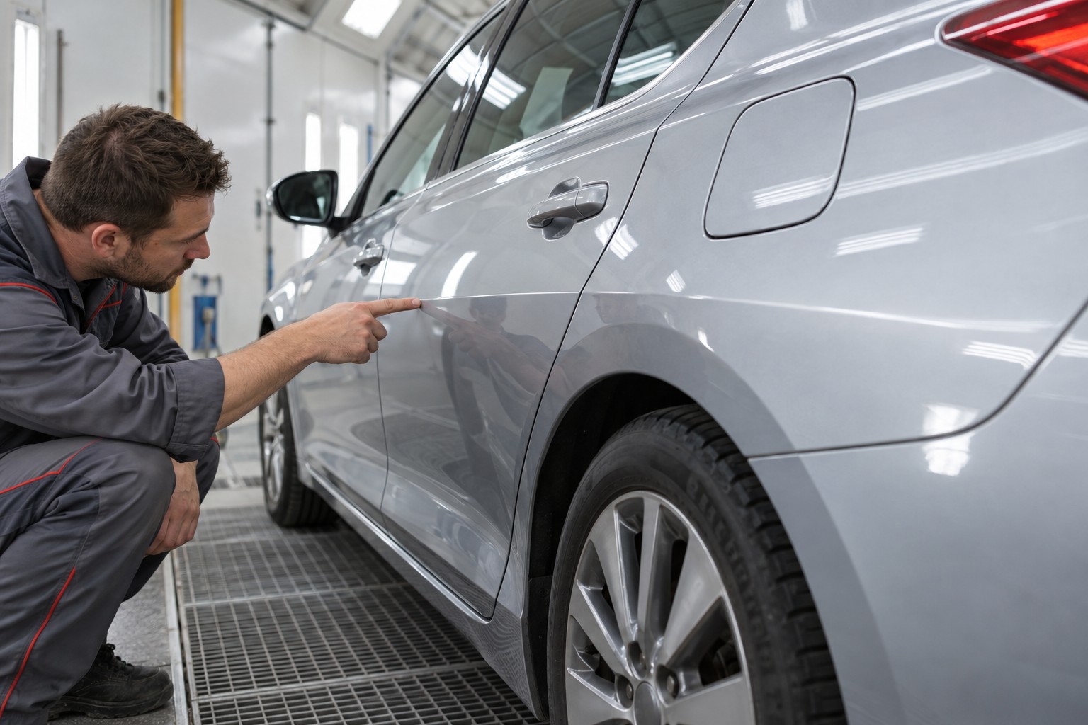 A painter checks the body line before choosing a blend panel