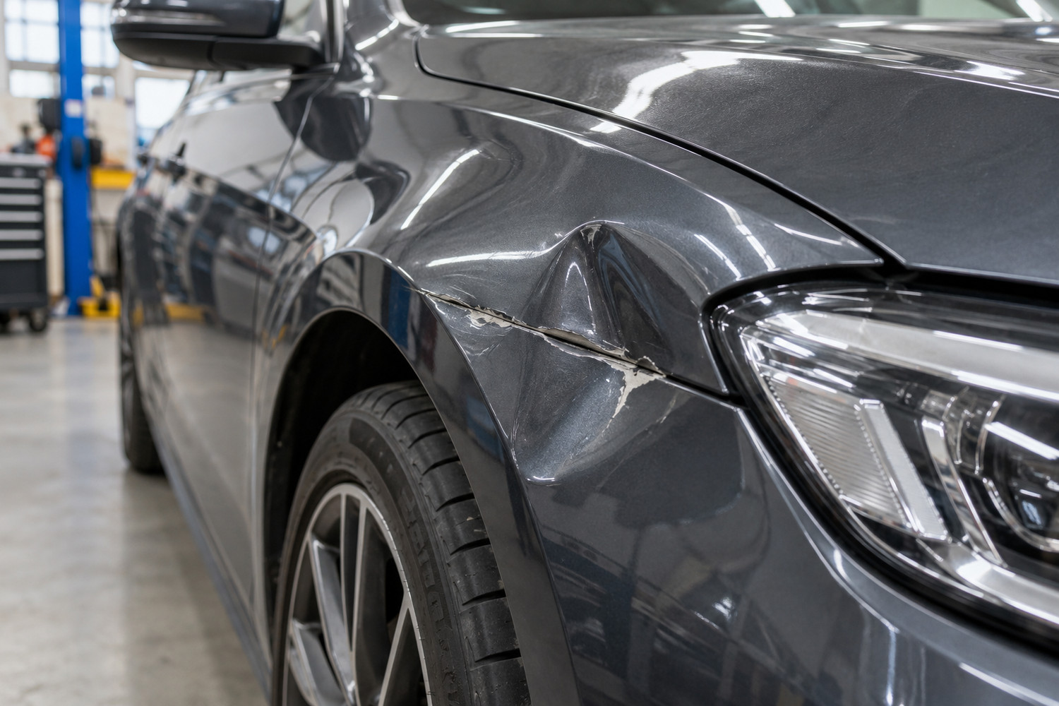 Sharp creased and chipped front wing of a grey car in a repair workshop