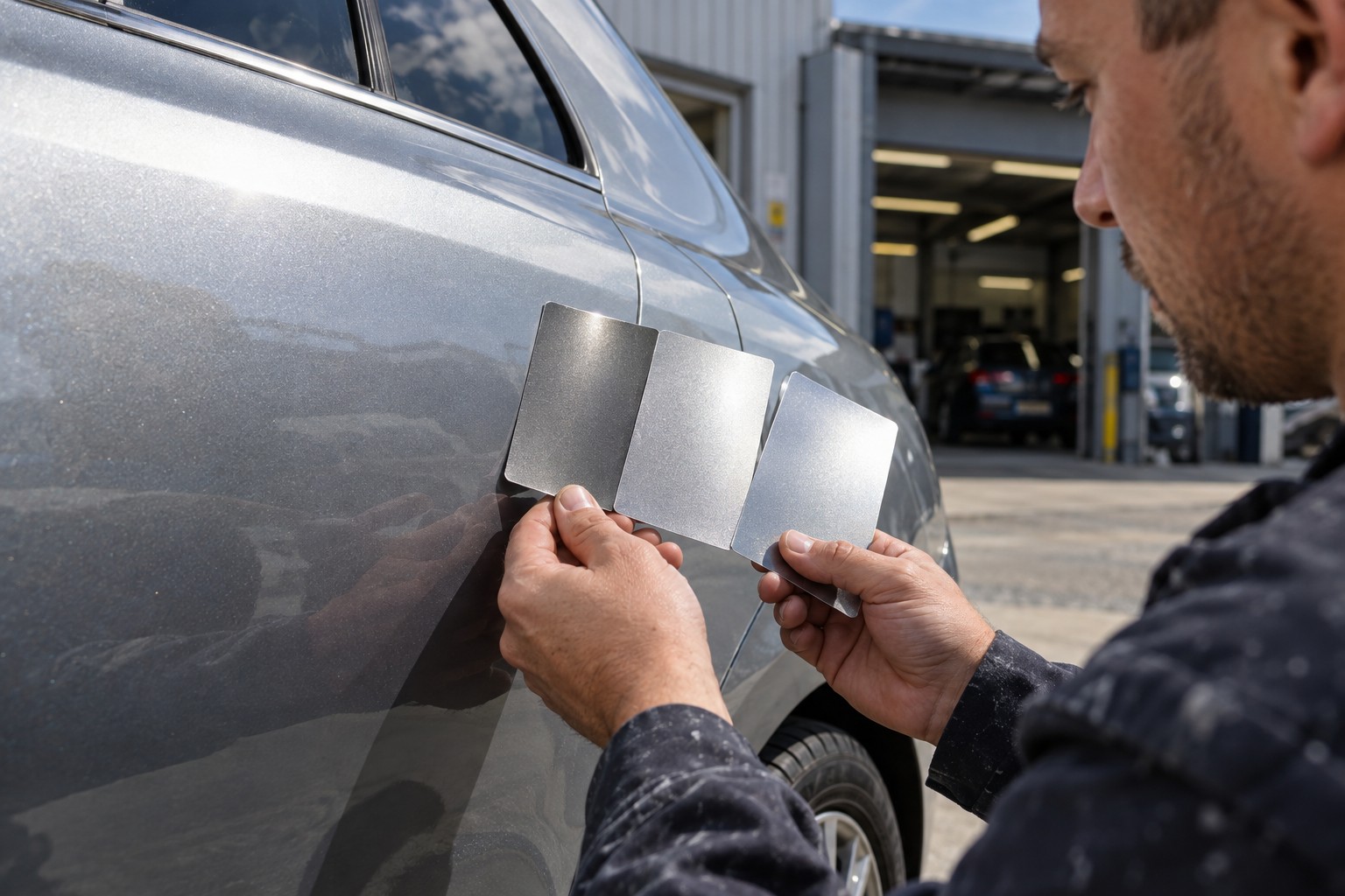 A painter compares metallic spray-out cards with a silver car in daylight