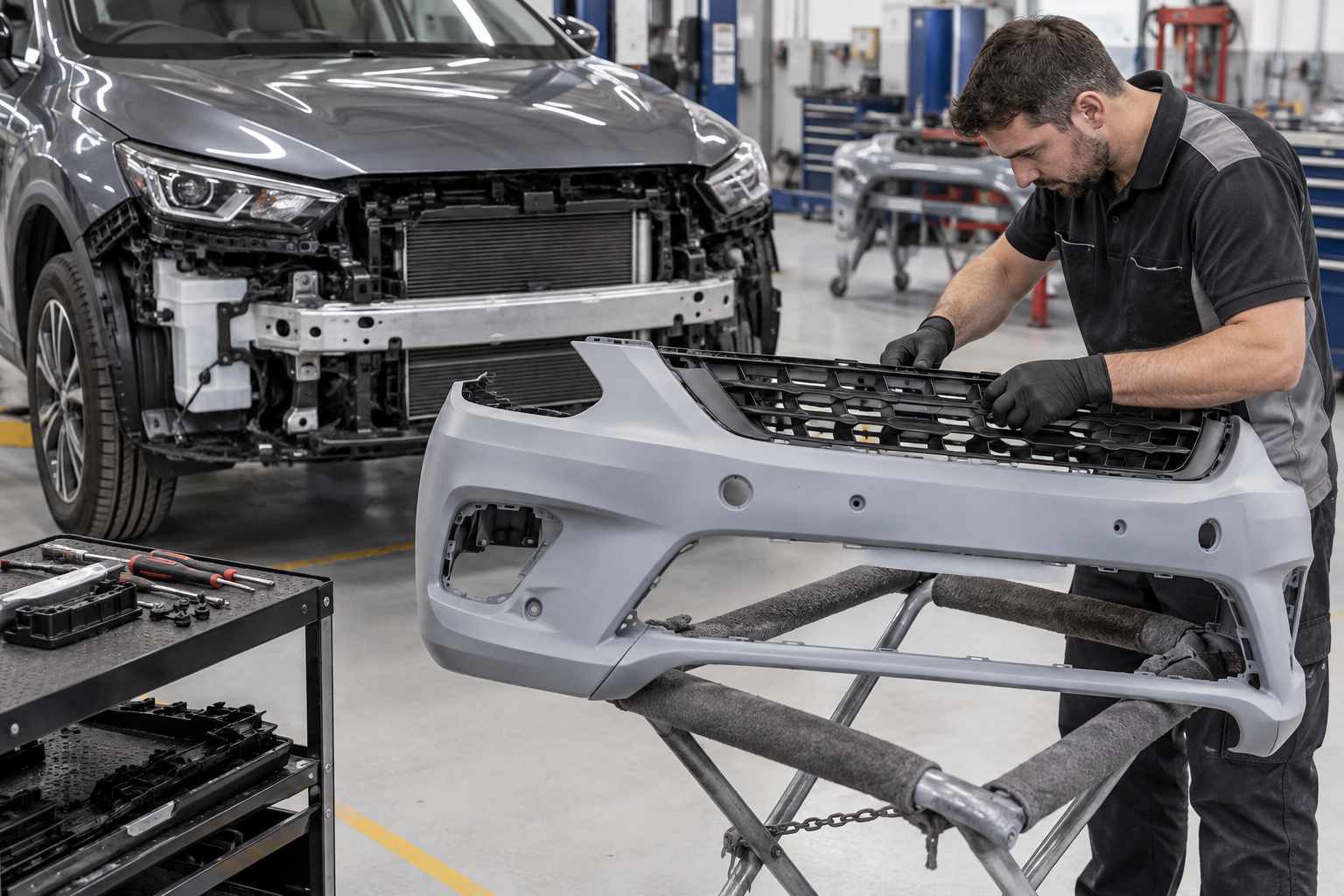 Technician fitting a grille insert to a primed replacement bumper cover beside a late-model SUV