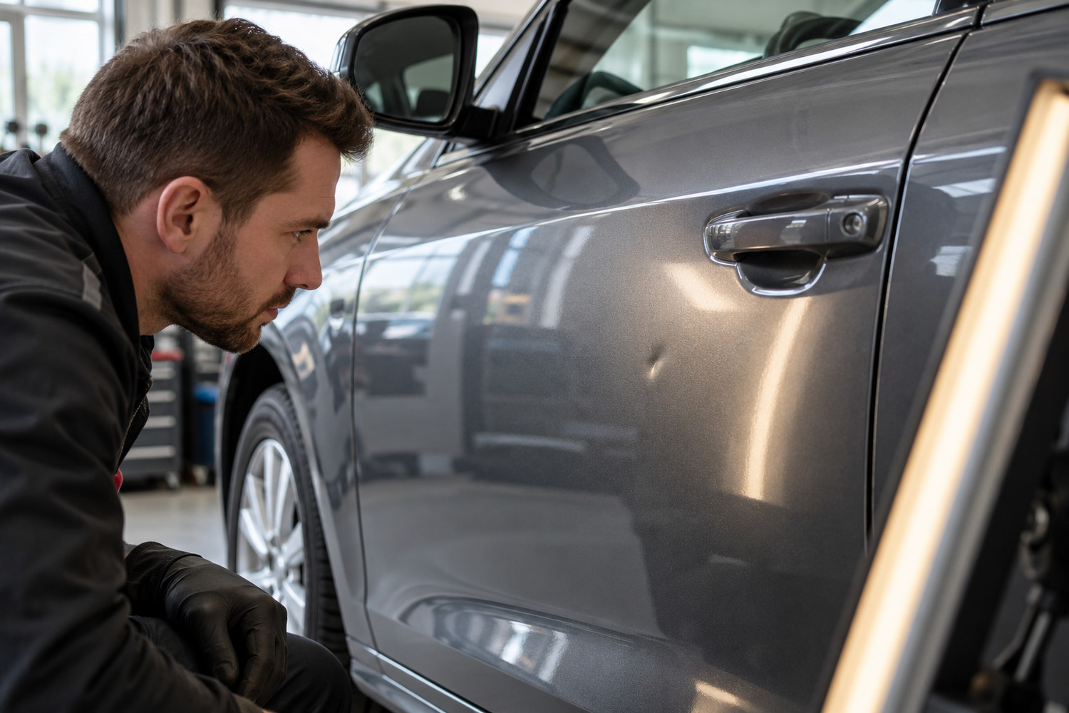 Technician inspecting an intact paint dent on a grey car door