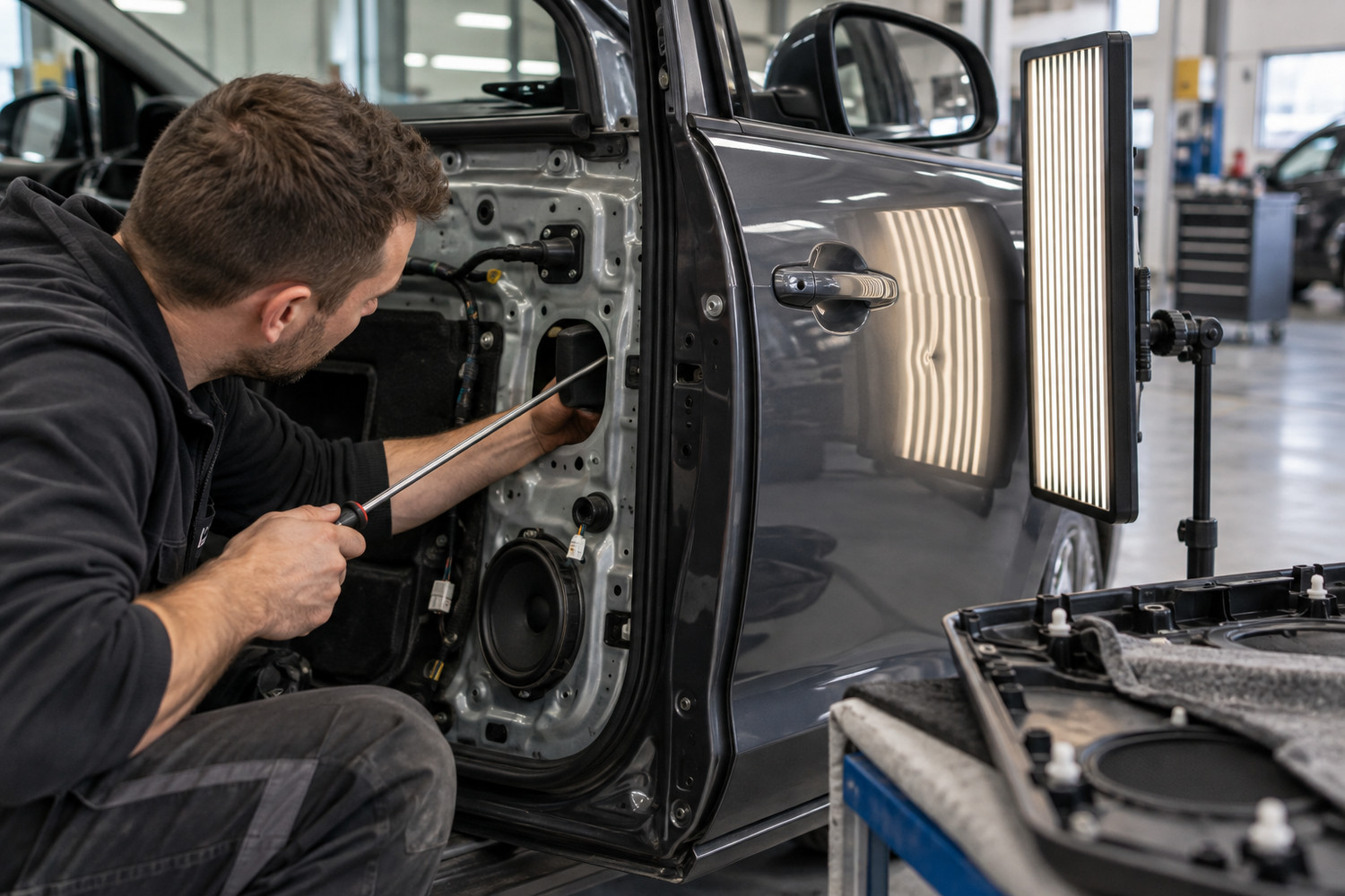 Technician using a repair rod behind a car door with interior trim removed