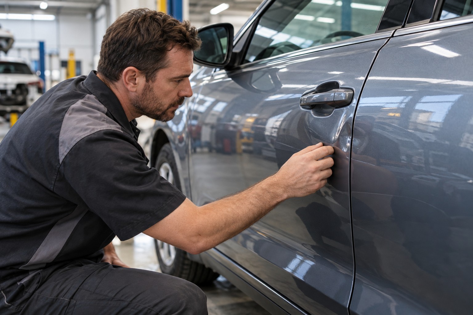 An estimator examines a dent close to a car door handle