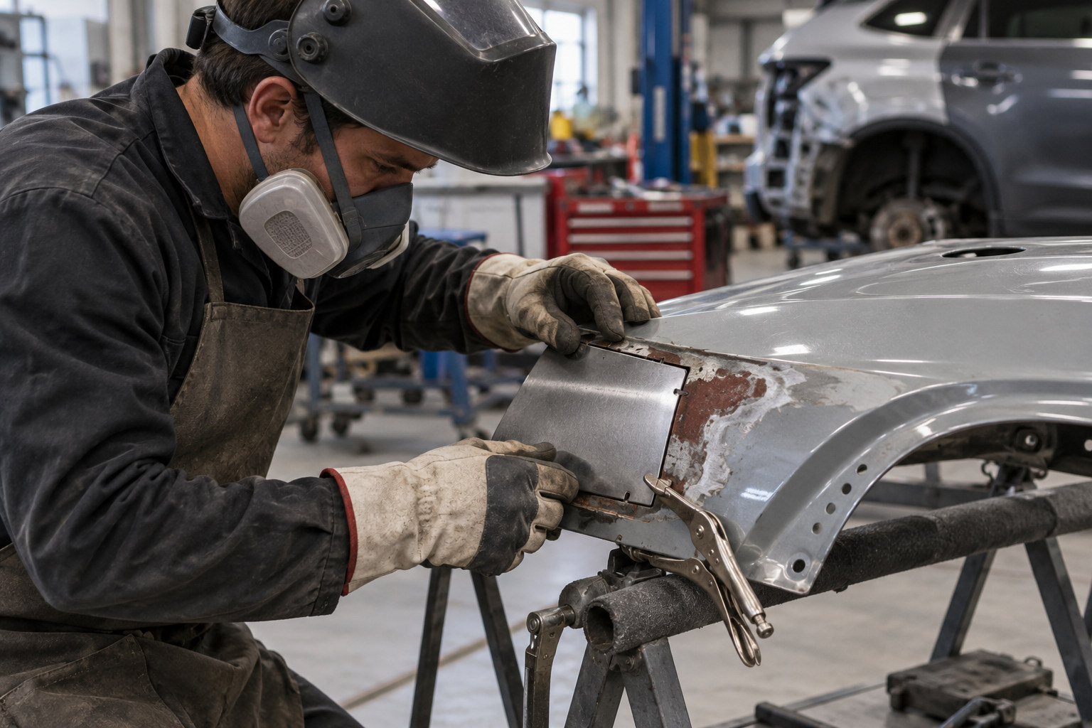 Panel beater fitting a metal patch into a rust-damaged car panel