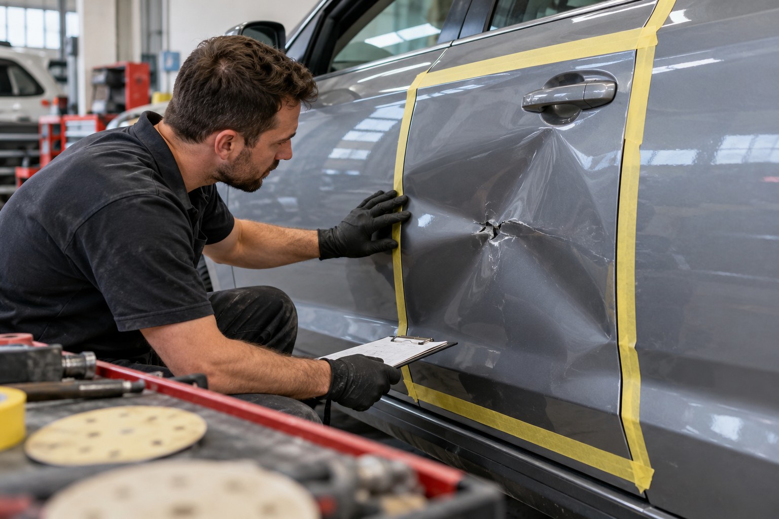 A technician assesses a creased door dent with damaged paint