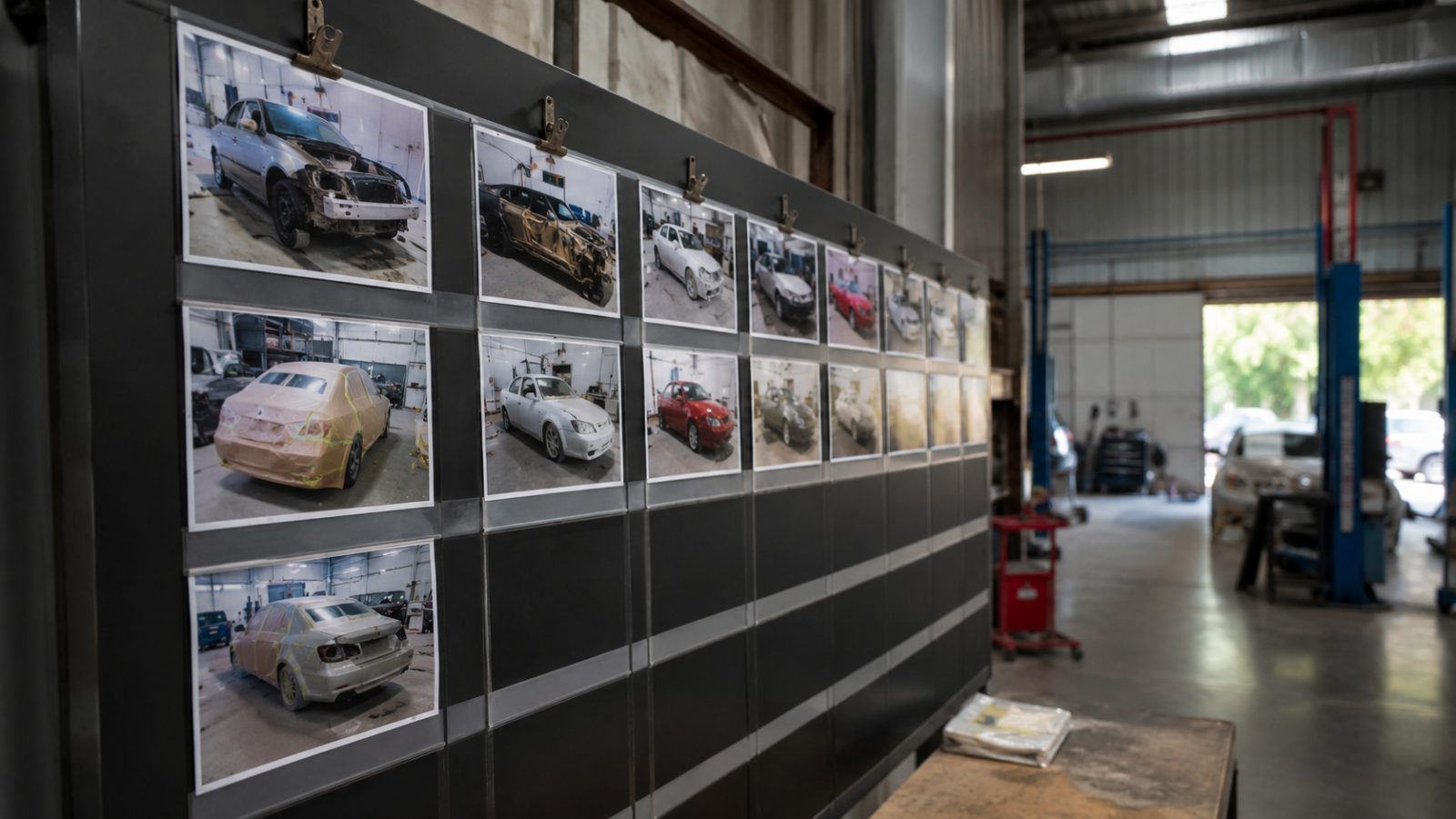 Workshop job board showing multiple cars at different repair stages
