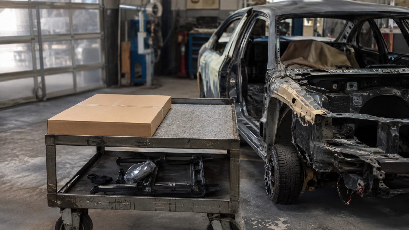 Parts trolley beside a stripped car with one boxed panel and a gap where a second part is missing