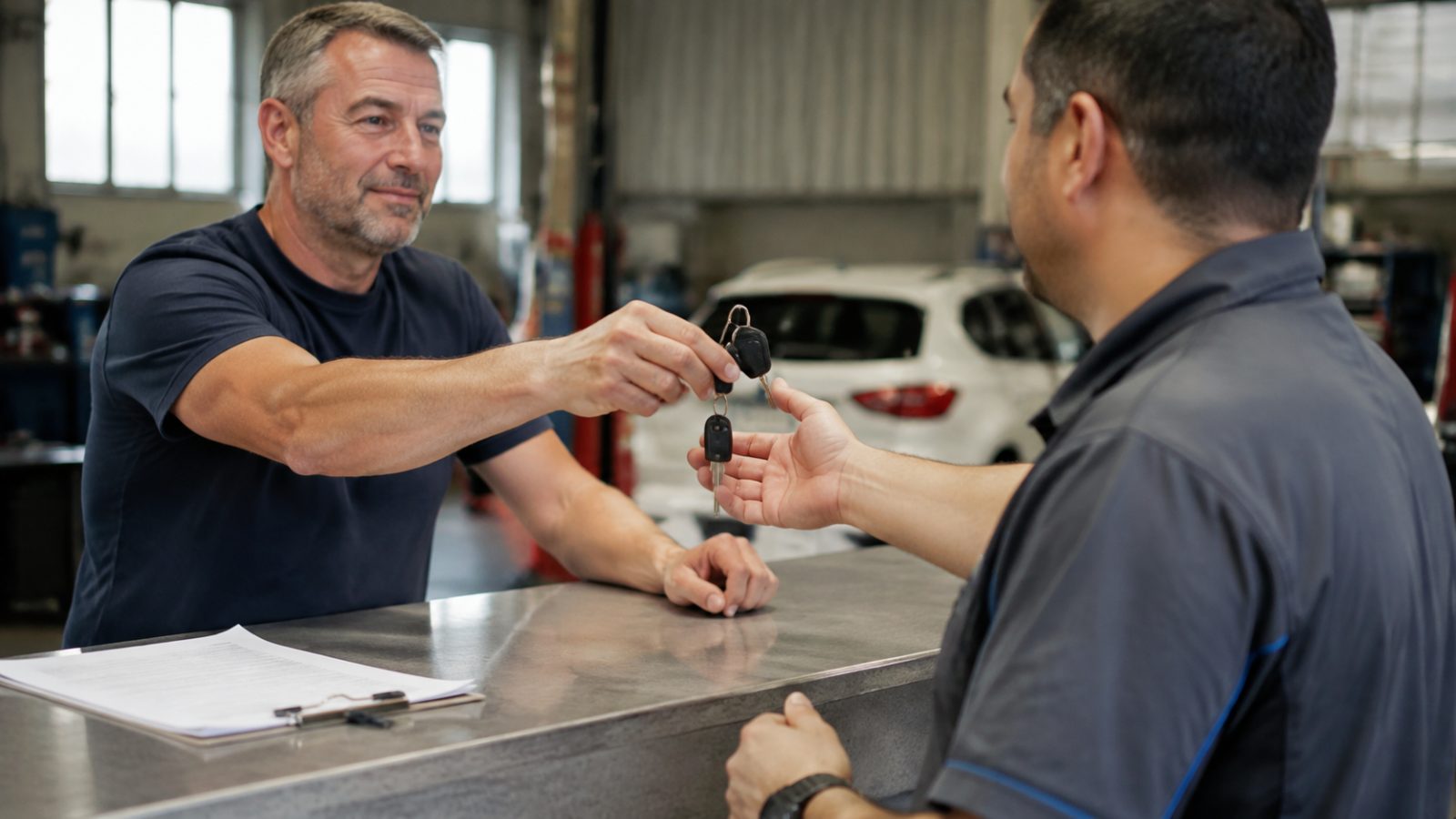 Customer handing car keys across the counter at drop-off with claim paperwork on the bench