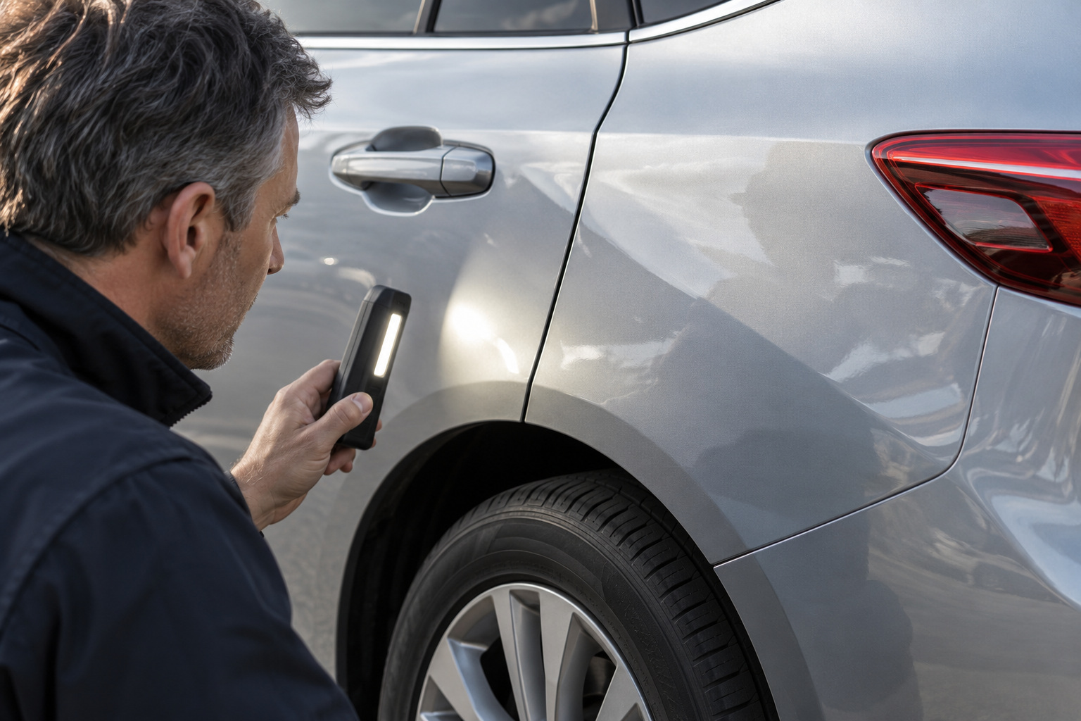 Body repair assessor examines a silver car's rear panel and door gap with an inspection light.