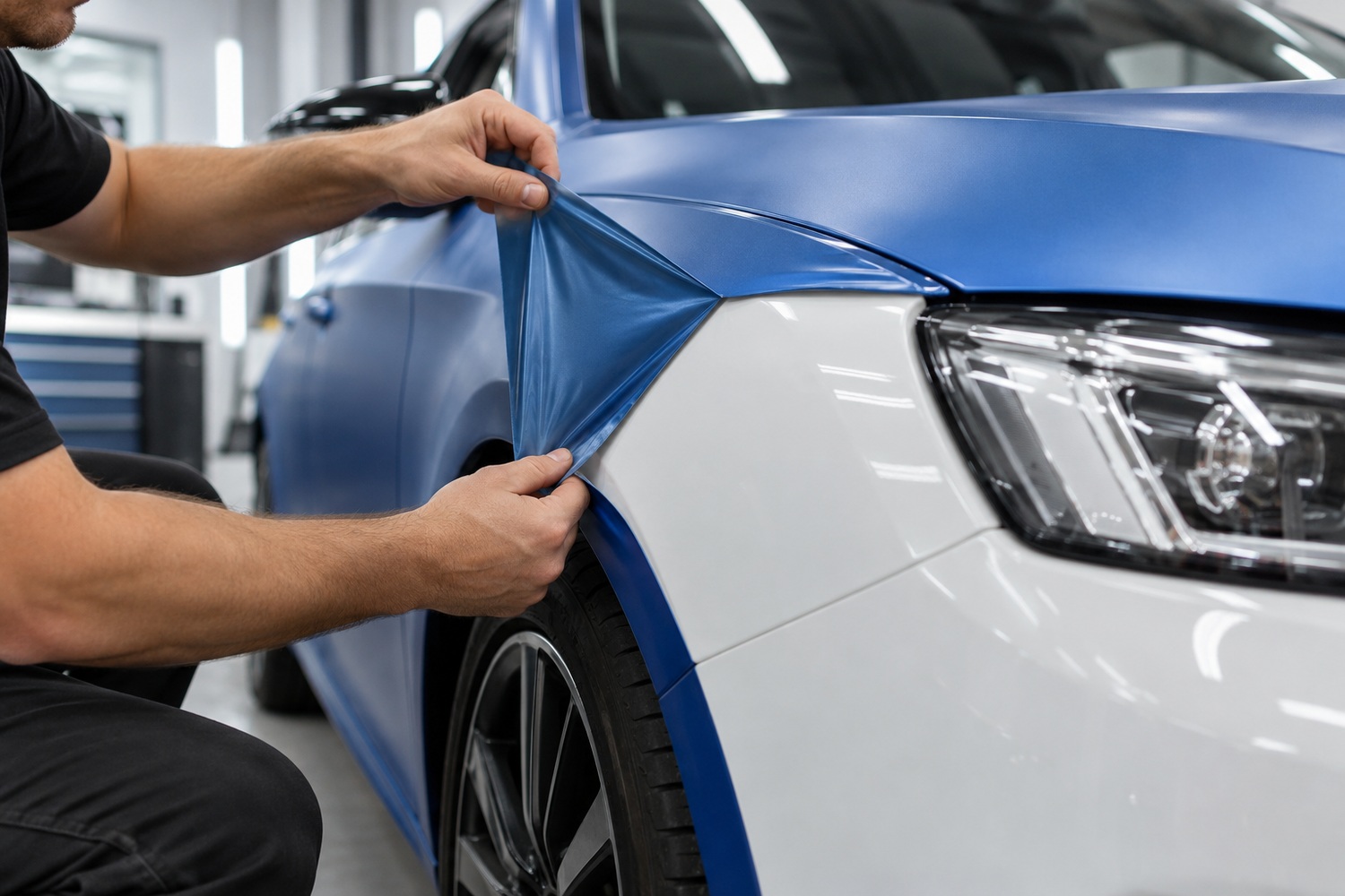Installer peeling blue vinyl from a car's front wing to reveal glossy white paint.