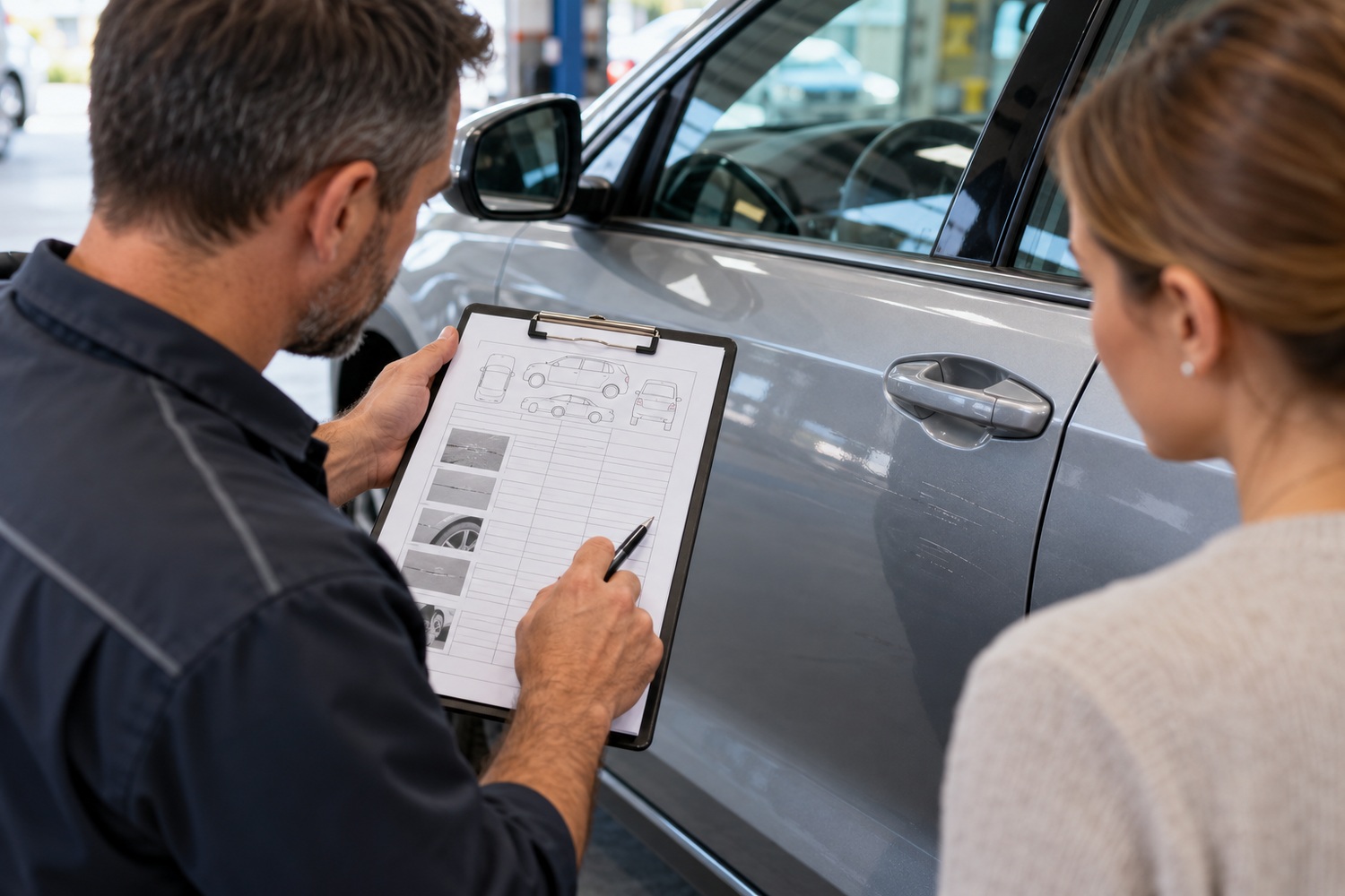 Assessor and owner reviewing a vehicle condition guide beside a marked car door.