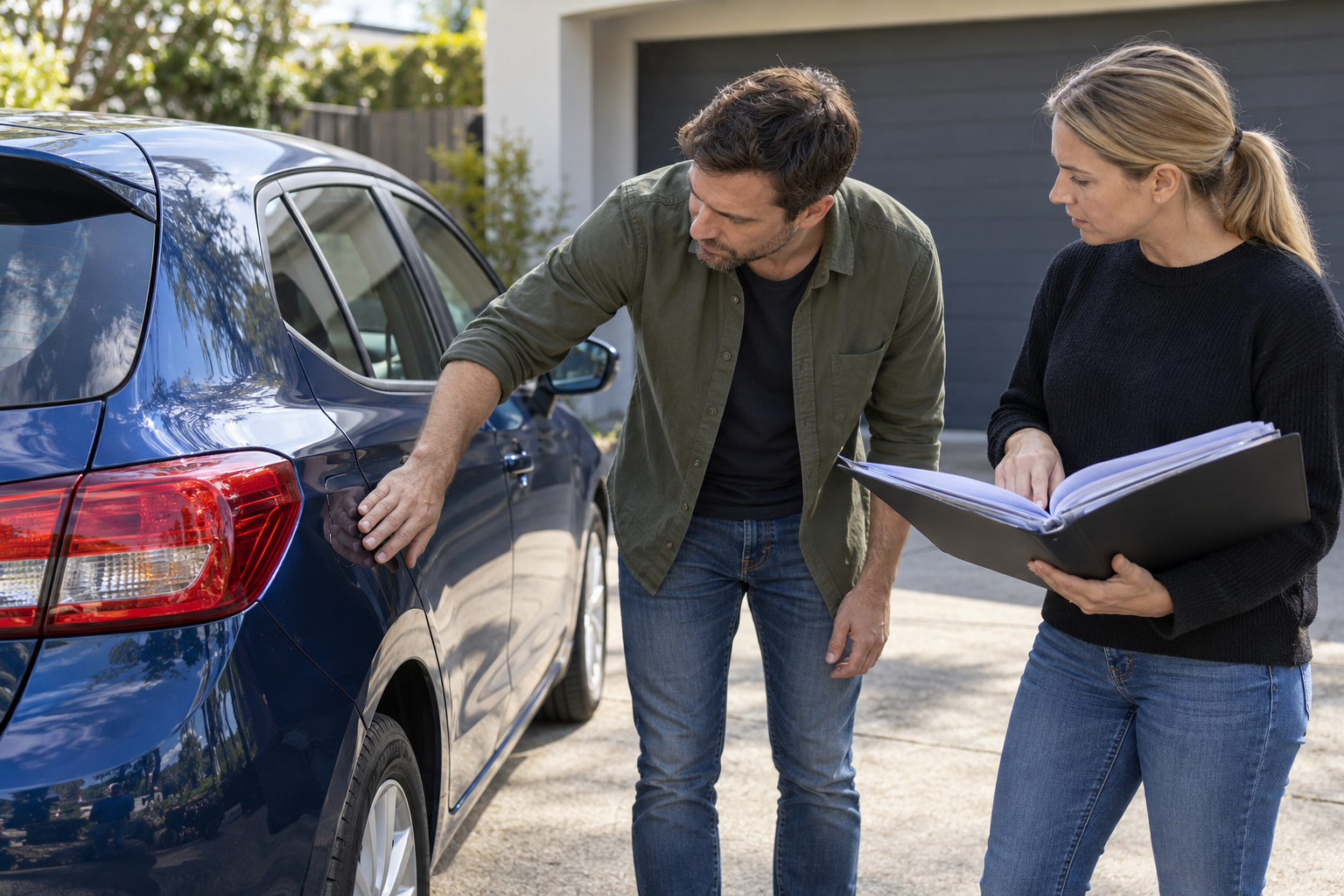 Buyer examines a blue hatchback's rear quarter while the owner holds a repair document folder.