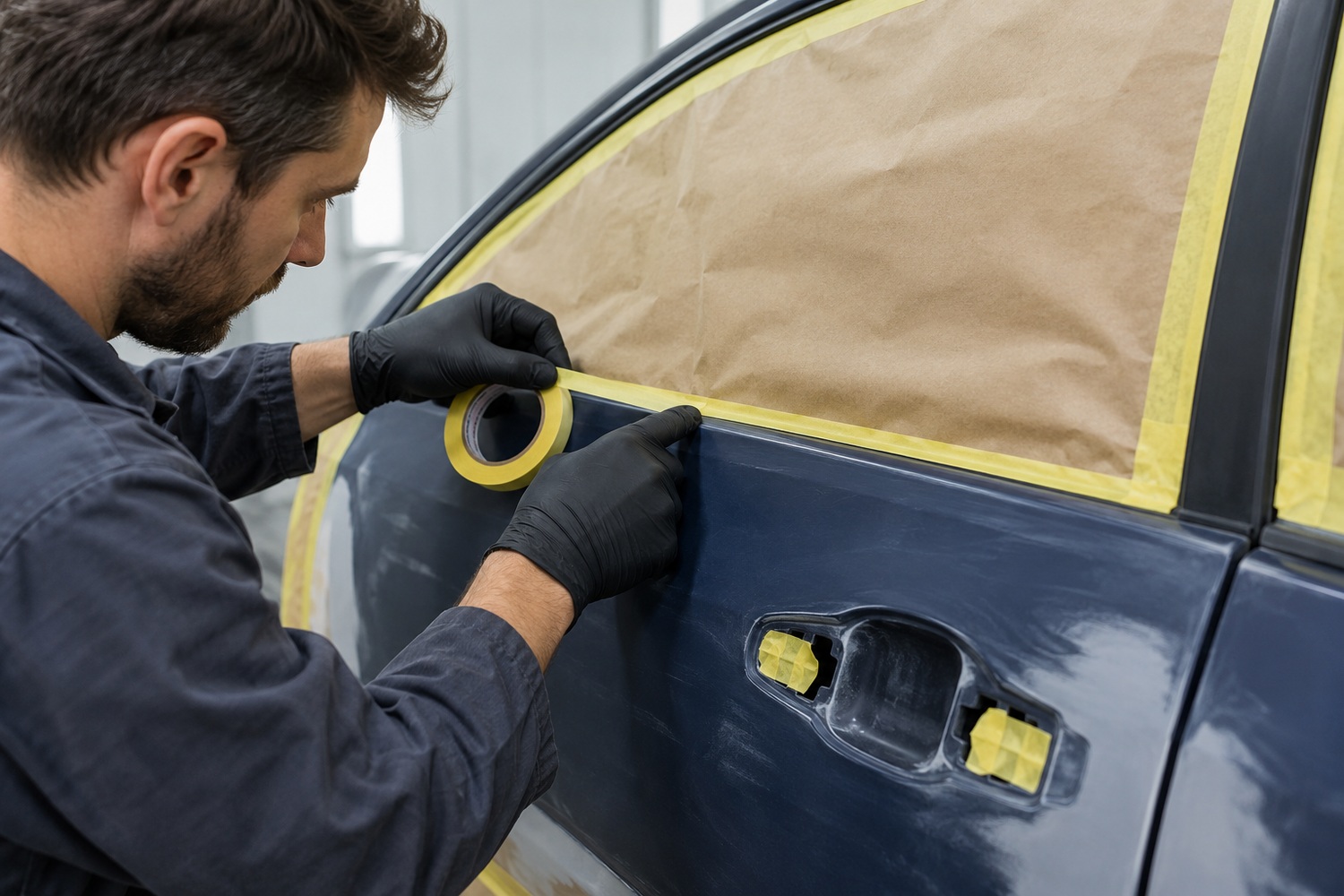 Technician neatly masking a blue car door's window edge with its handle removed.