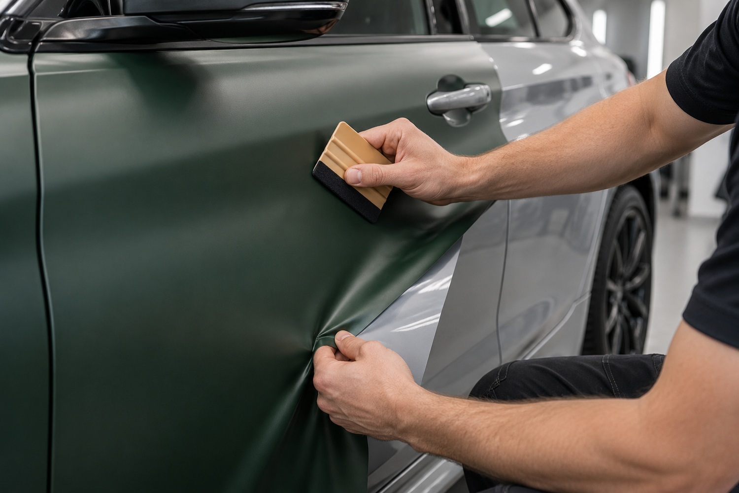 Installer smoothing matte green vinyl over sound silver paint on a car door.