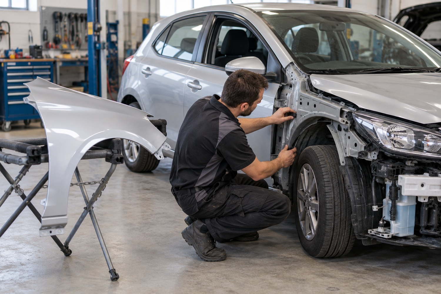 Technician checking exposed front-wing mounting points beside a replacement panel on a stand.