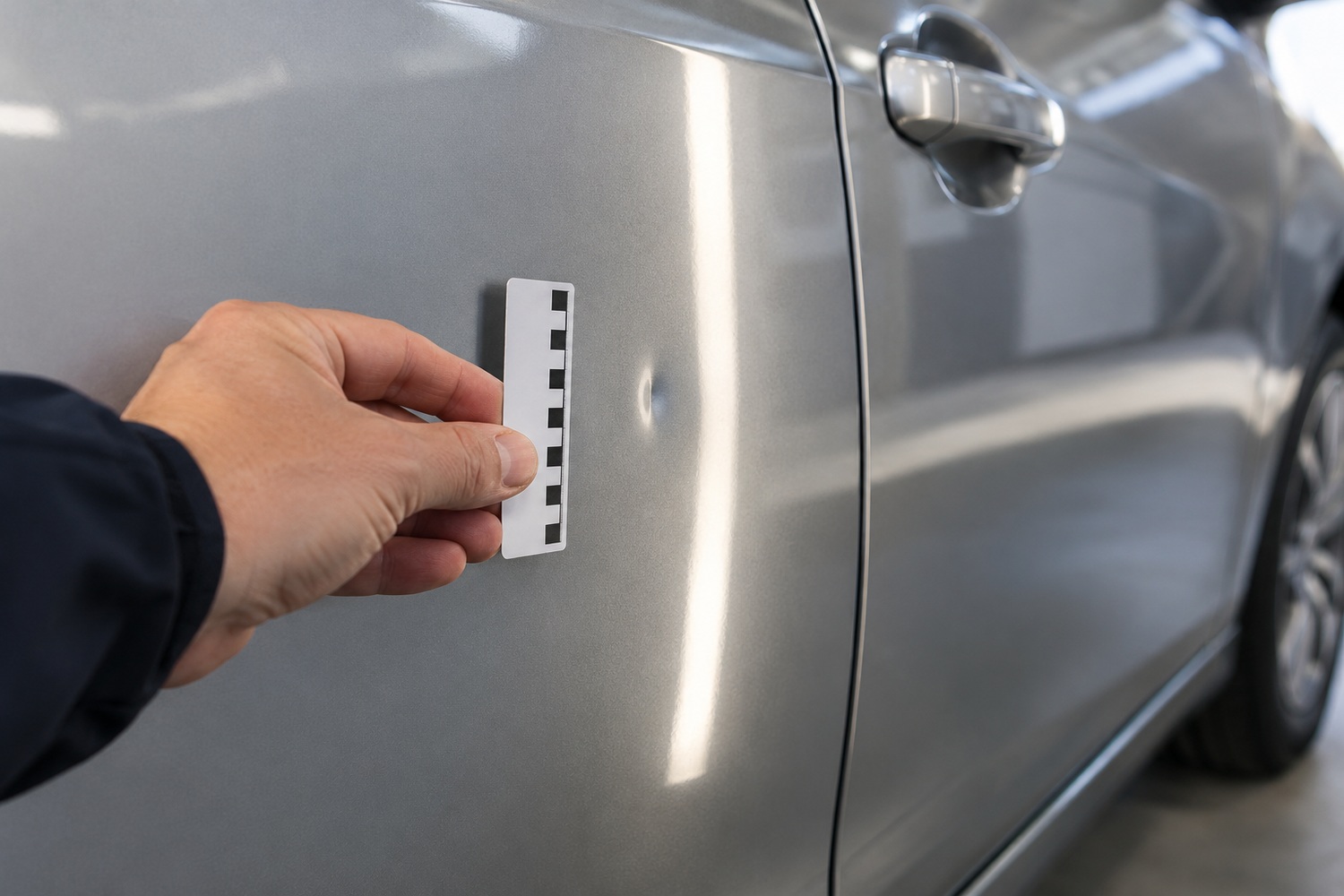Measuring card held beside a small shallow ding in a silver car door with intact paint.