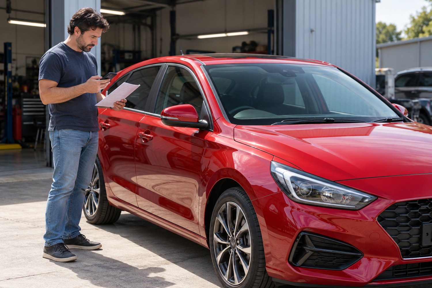 Owner checking paperwork and a phone beside a red hatchback outside a workshop.