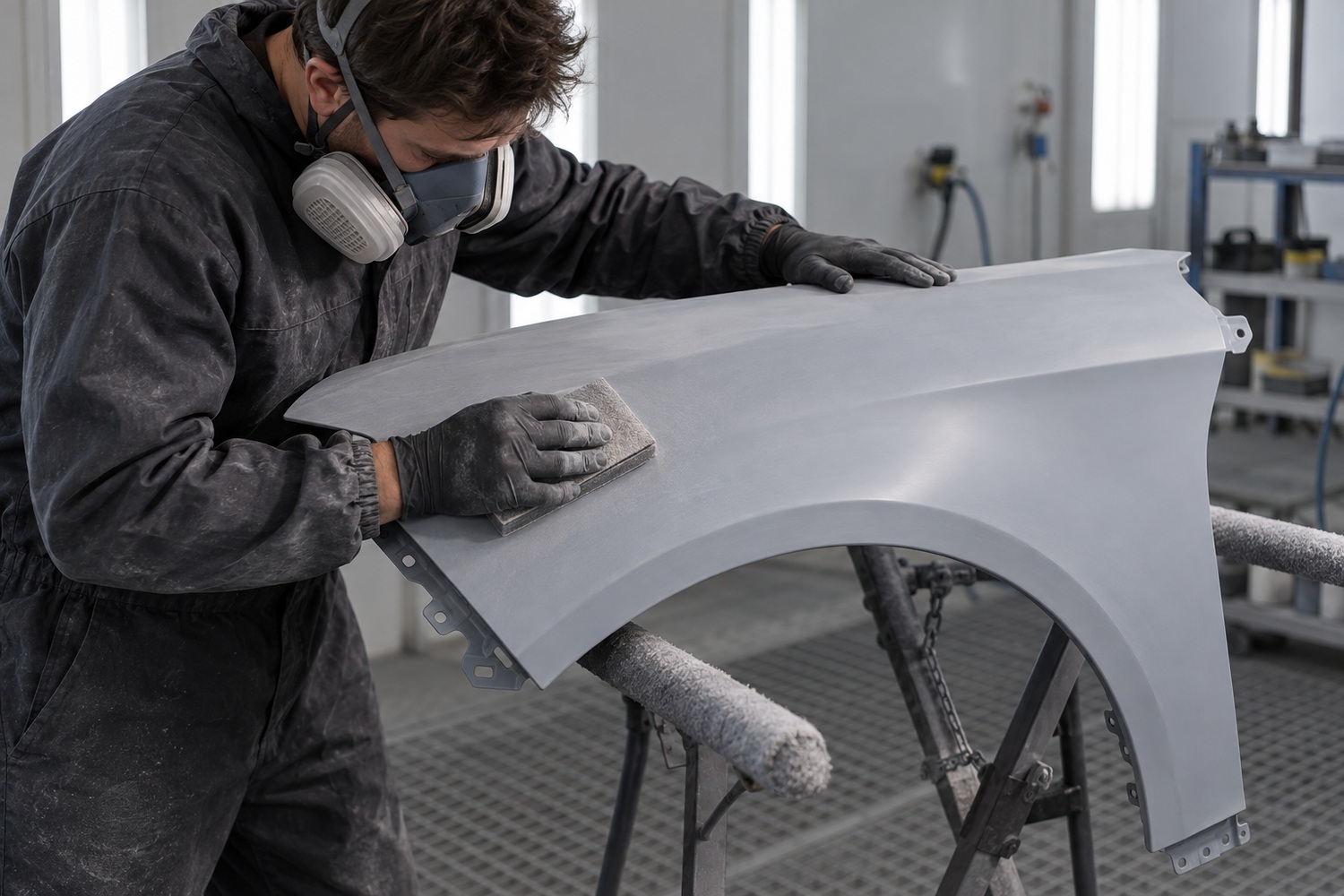 Technician hand-sanding a uniformly primed grey front wing on a padded stand.