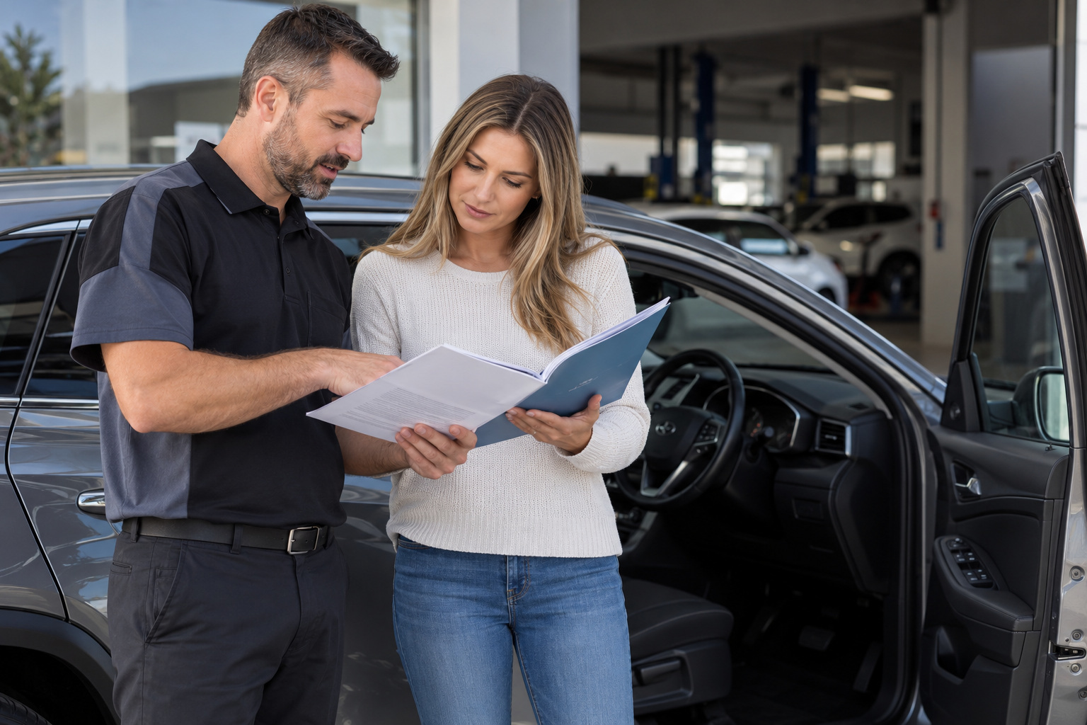 Repair adviser and owner review documents beside an open right-hand-drive car.