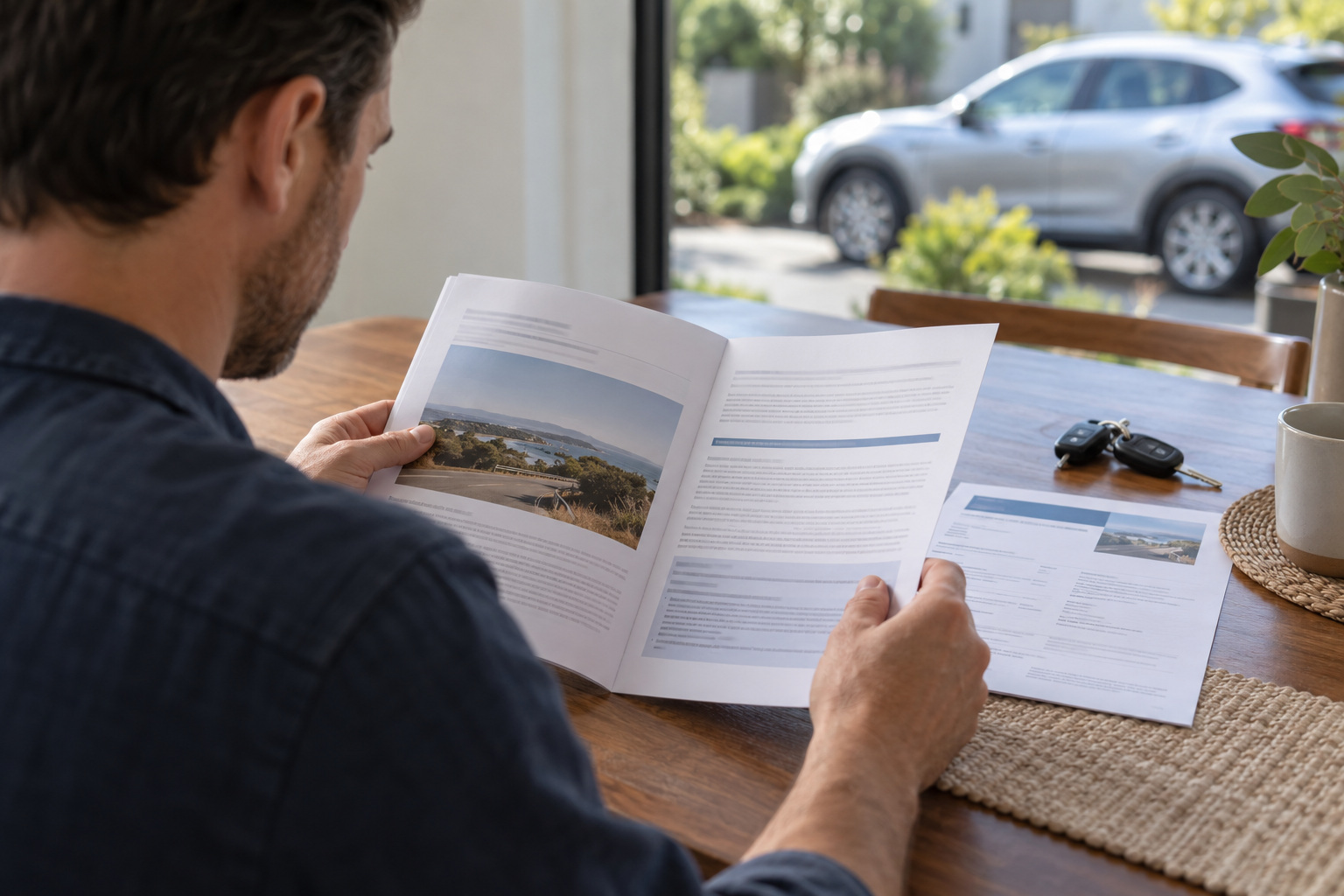 Car owner reads a printed policy booklet beside car keys, with a silver vehicle outside.