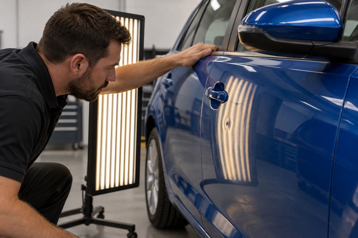 Paintless dent specialist examining a shallow blue door ding using a striped reflection light.