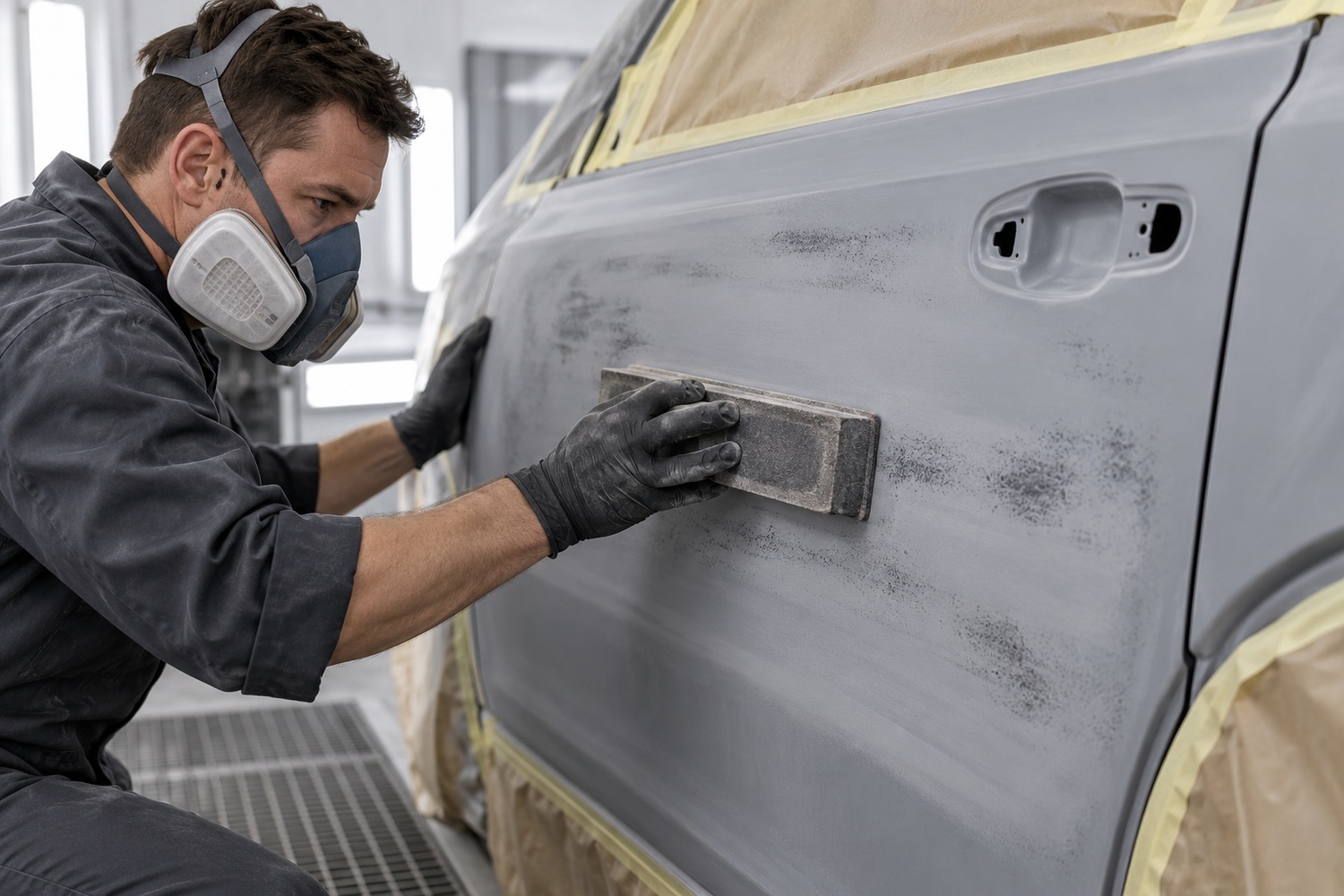 Technician sanding guide coat from a grey primed door to check surface flatness.