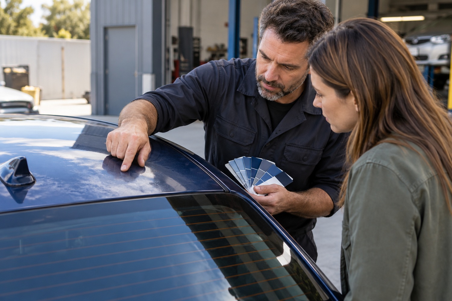 Adviser and customer assessing faded paint on a blue car roof with colour swatches.