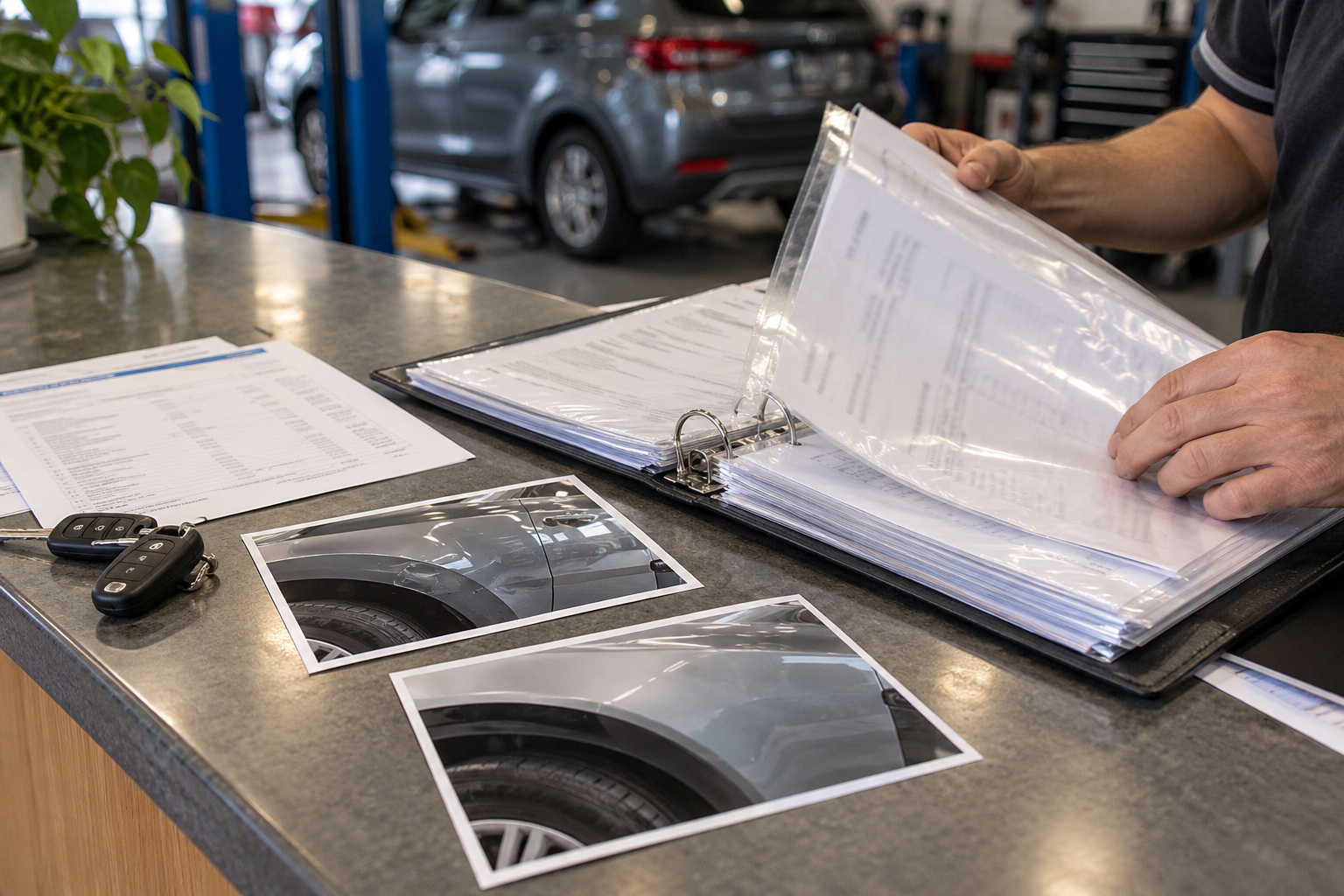 Repair paperwork, printed panel photographs and car keys being organised into a document folder.