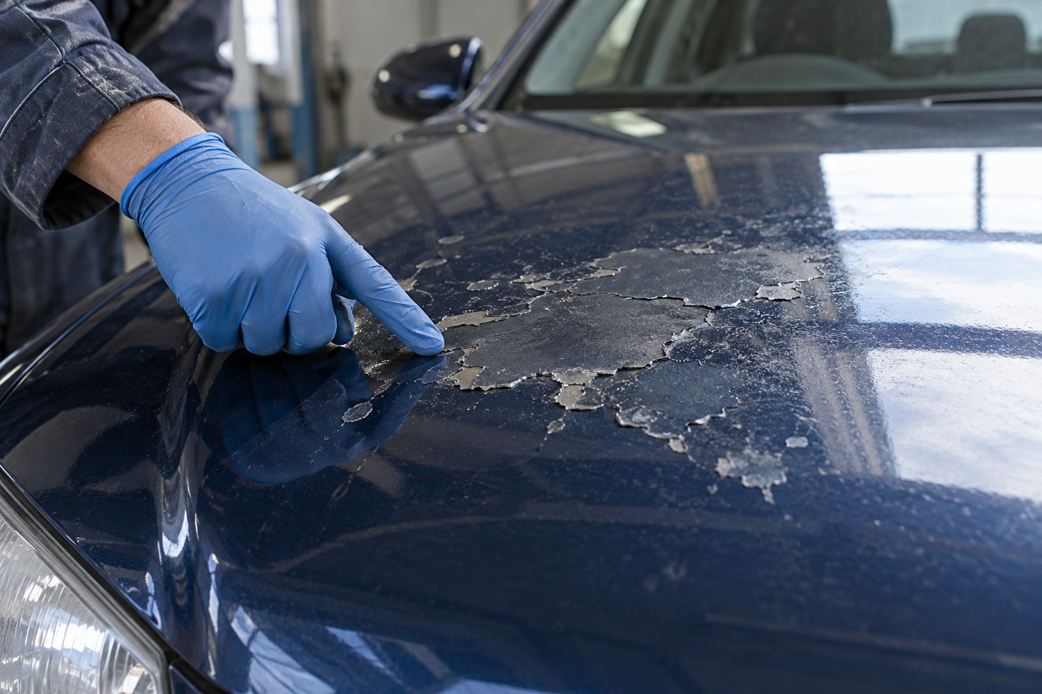 Gloved hand pointing to flaking clearcoat on a dark blue car bonnet.