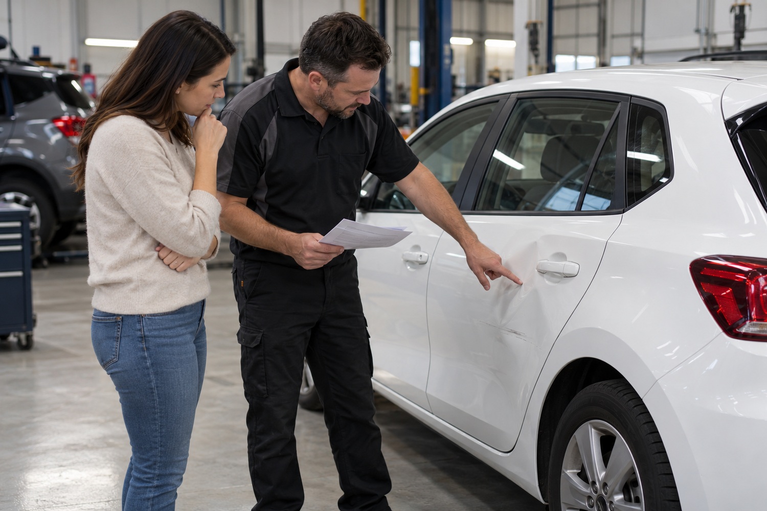 Estimator discussing a damaged white car door and repair paperwork with its owner.