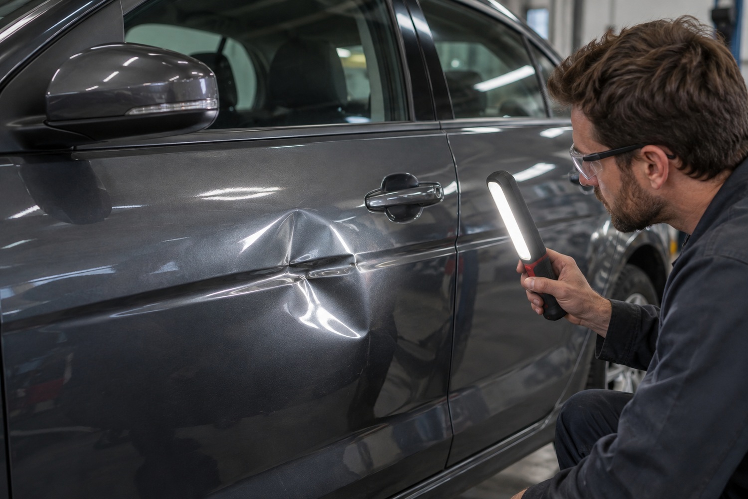 Technician examining a sharply creased grey car door with an inspection lamp.