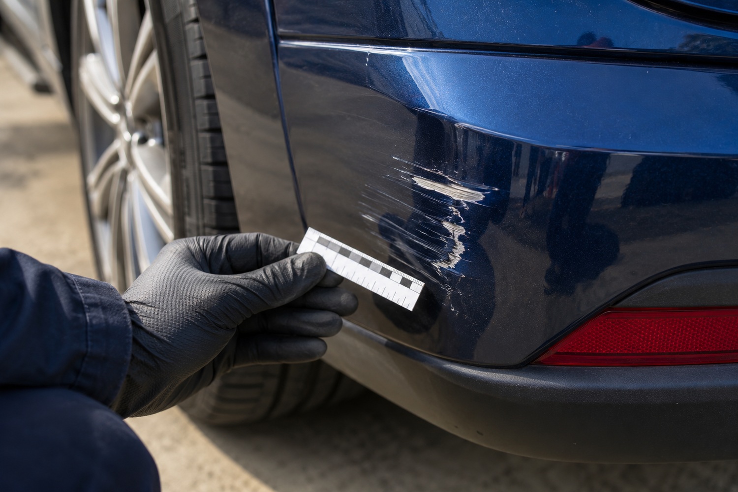 Assessor holding a measuring scale beside a deep scrape on a blue rear bumper.