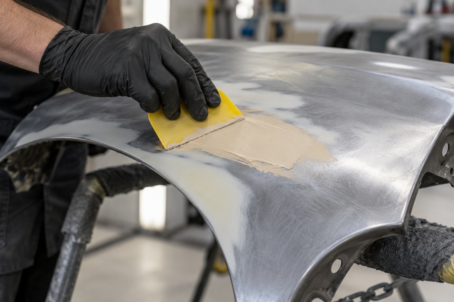 Gloved technician applying a thin skim of body filler to a sanded steel car wing.