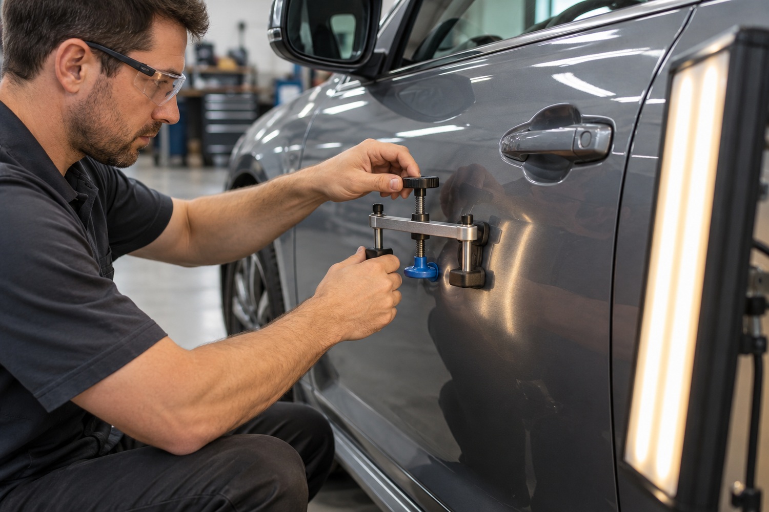 Technician using a compact bridge puller on a shallow car-door dent beside an inspection light.