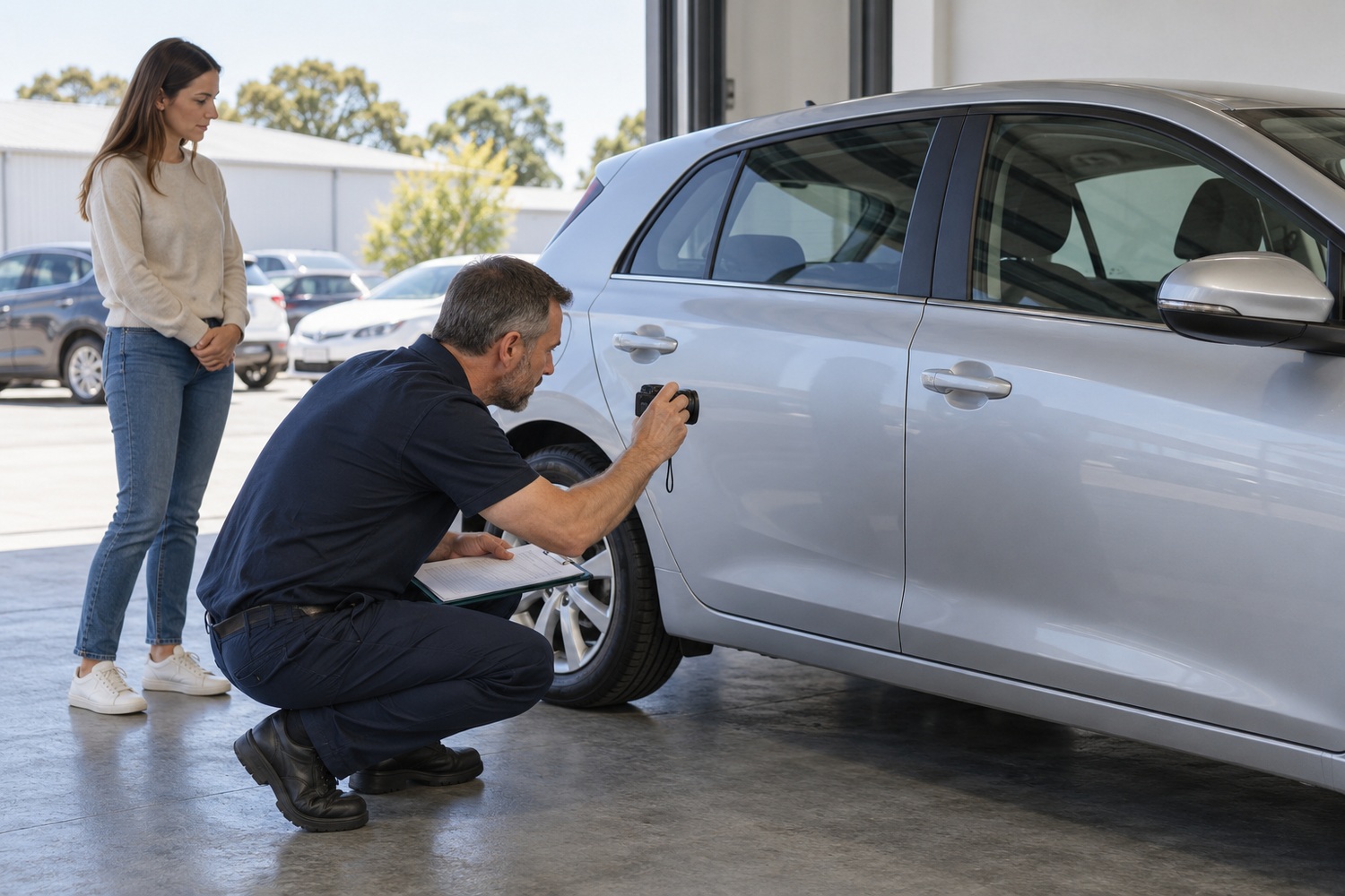 Assessor photographing a silver car's side panels while its owner observes.