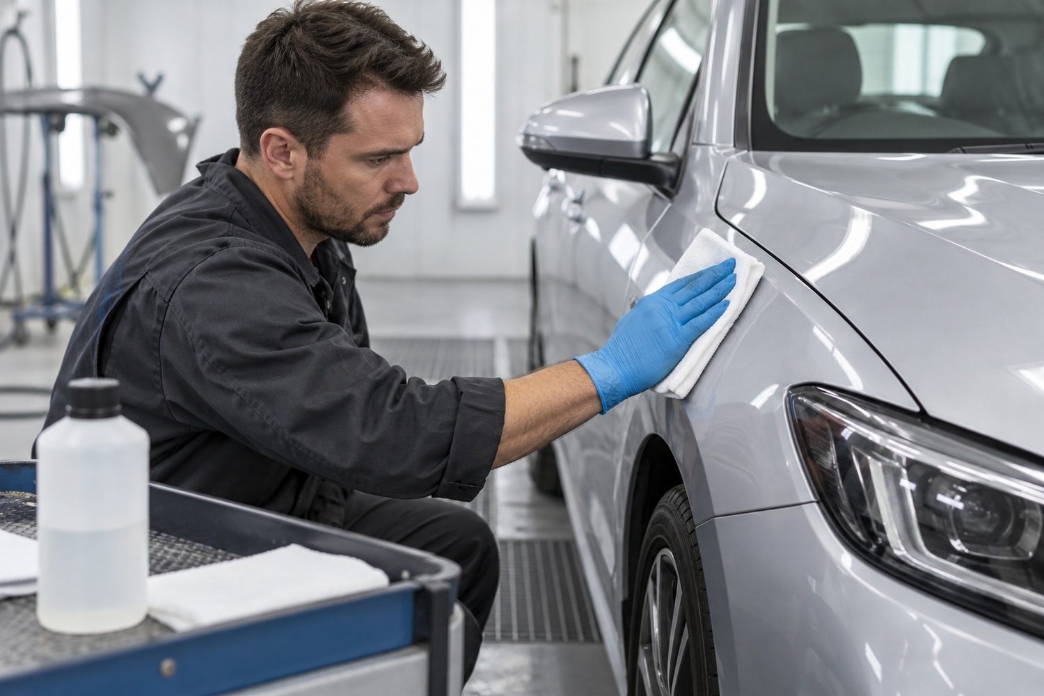 Gloved technician cleaning a silver car wing with a folded white cloth before preparation.