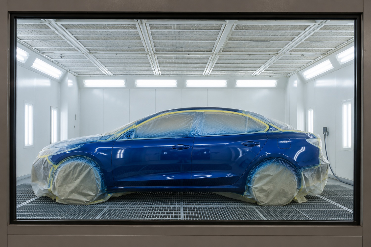 Masked blue car inside an enclosed automotive paint booth viewed through its observation window.